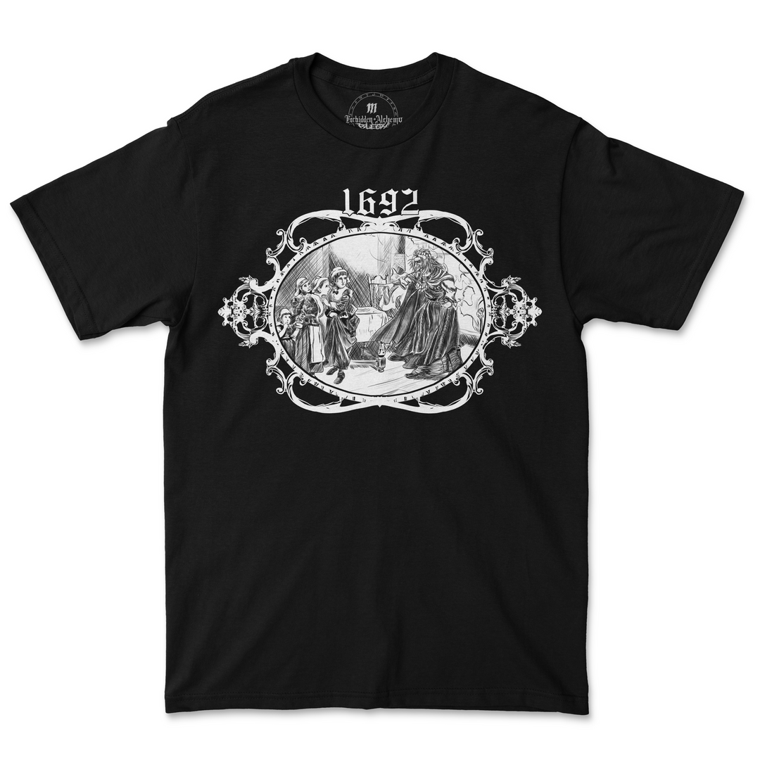 1692 men's black T-shirt with Forbidden Alchemy design, crafted in premium cotton for eye-catching style and comfort.