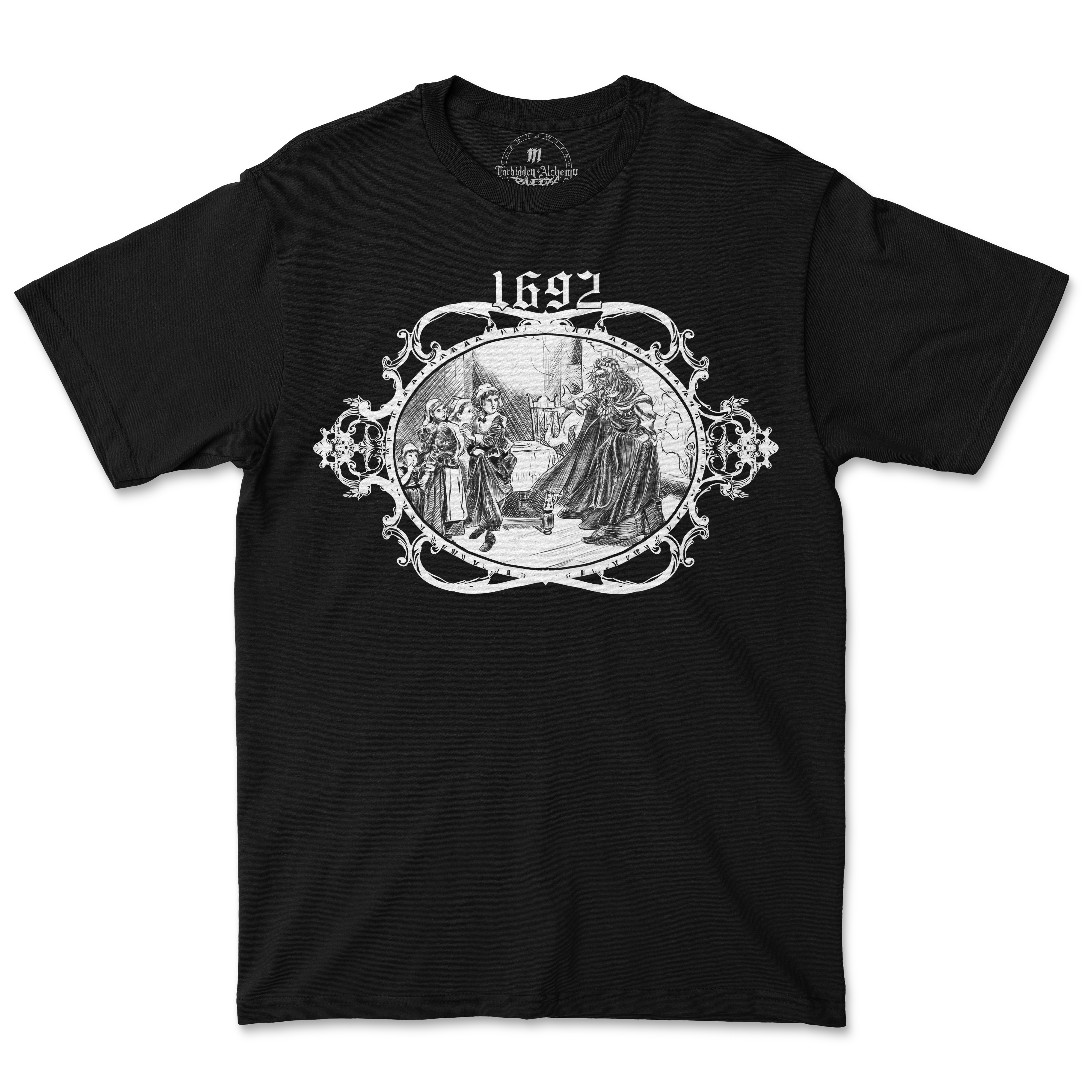 1692 men's black T-shirt with Forbidden Alchemy design, crafted in premium cotton for eye-catching style and comfort.