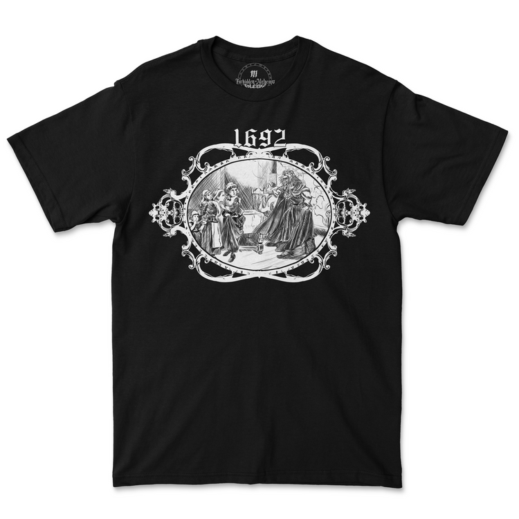 1692 men's black T-shirt with Forbidden Alchemy design, crafted in premium cotton for eye-catching style and comfort.
