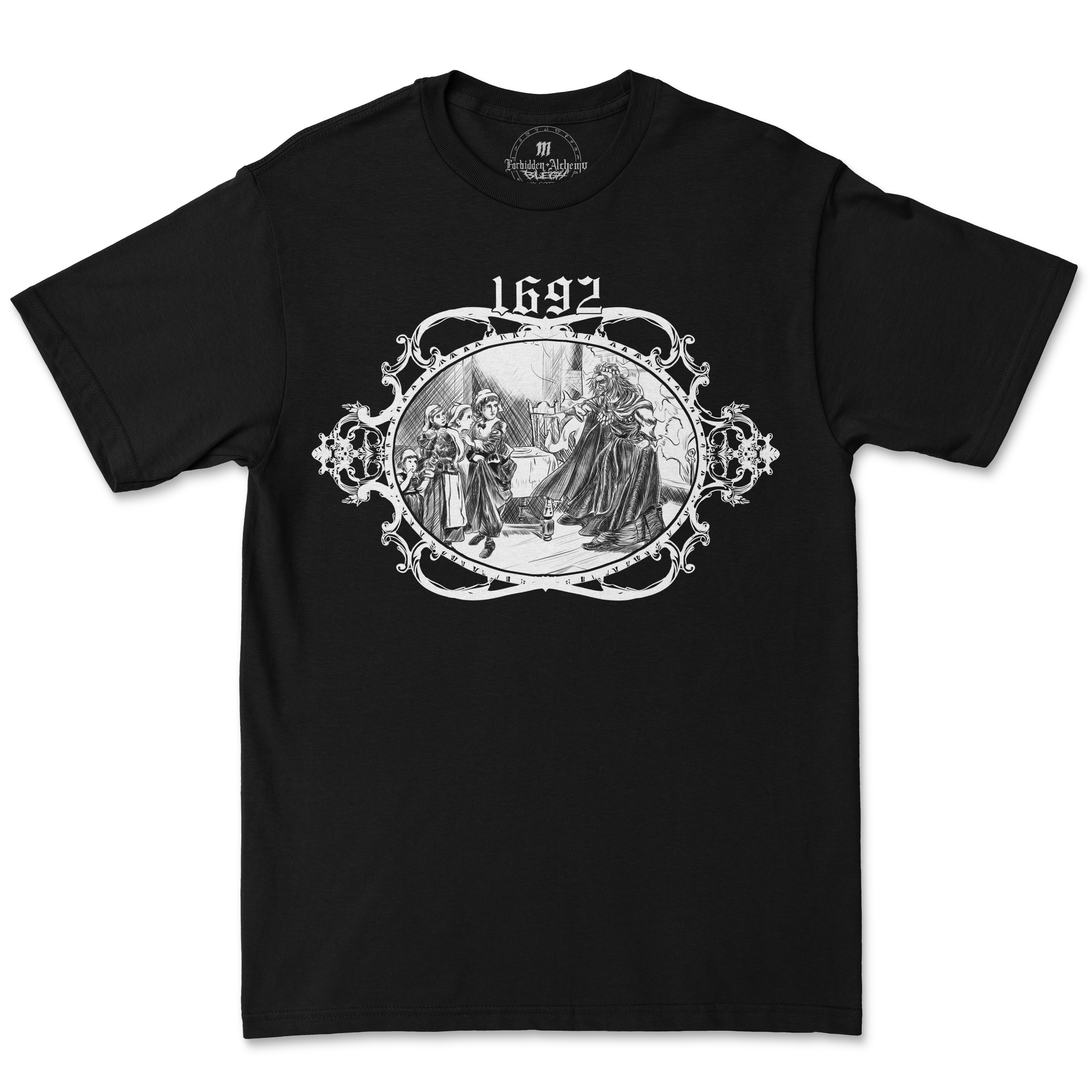 Black 1692 men's T-shirt featuring forbidden alchemy design, crafted from premium cotton with direct-to-garment printed artwork.
