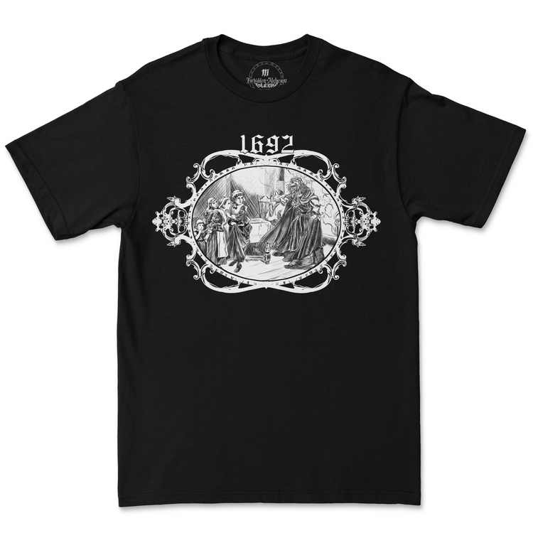 Black 1692 men's T-shirt featuring forbidden alchemy design, crafted from premium cotton with direct-to-garment printed artwork.