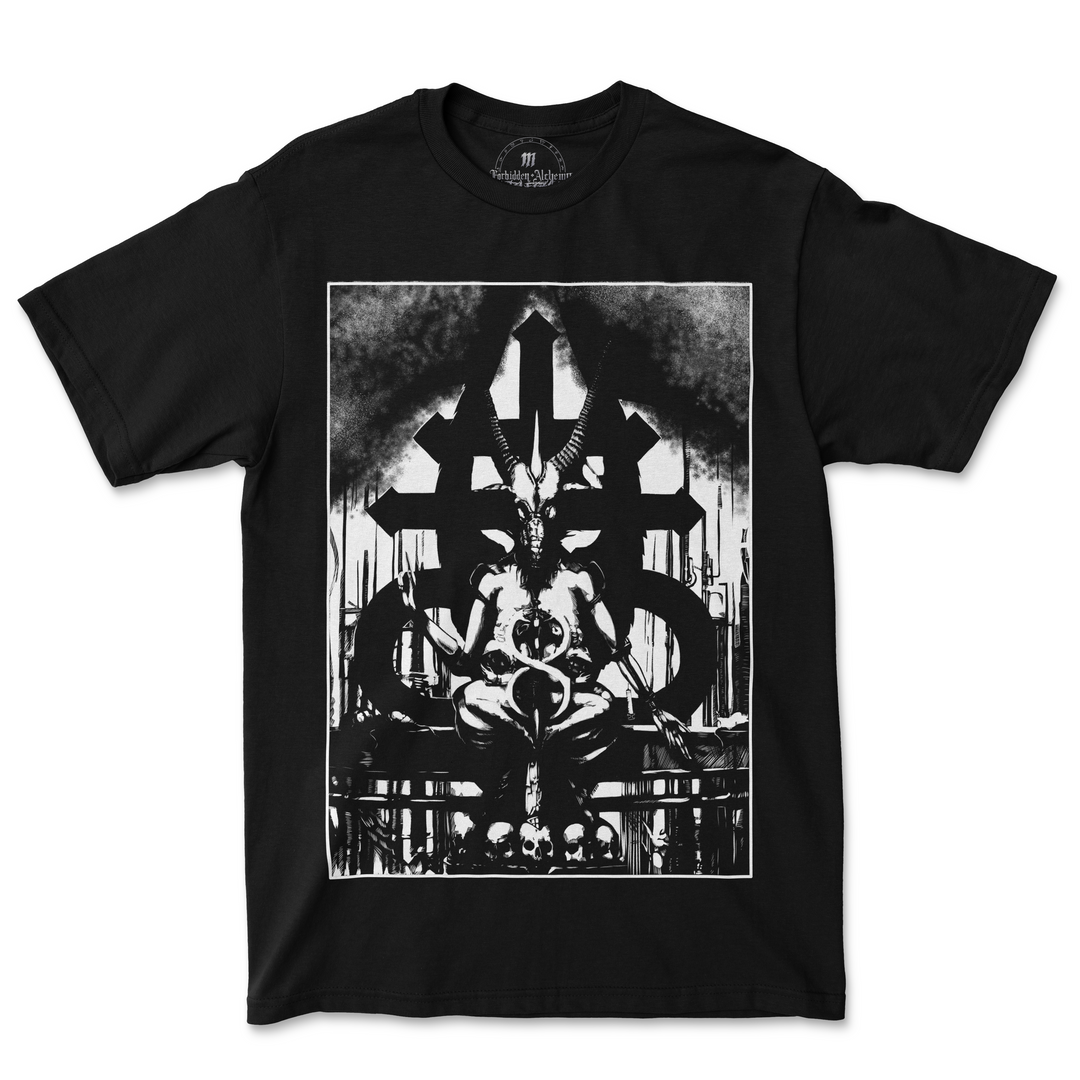 Baphomet men's t-shirt featuring goat-headed sigil design in black and white, premium cotton, DTG printed, Forbidden Alchemy collection.