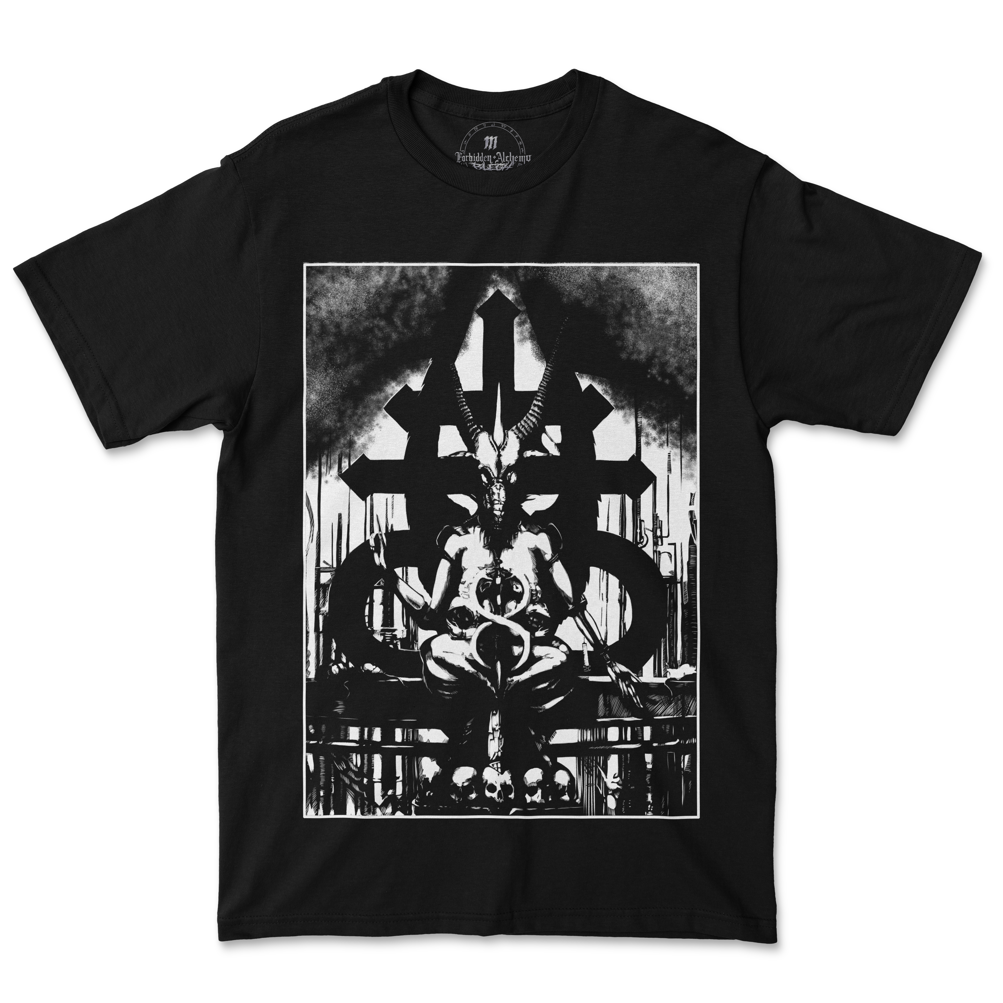 Baphomet mens T-shirt with intricate goat-headed sigil design, made from premium cotton.