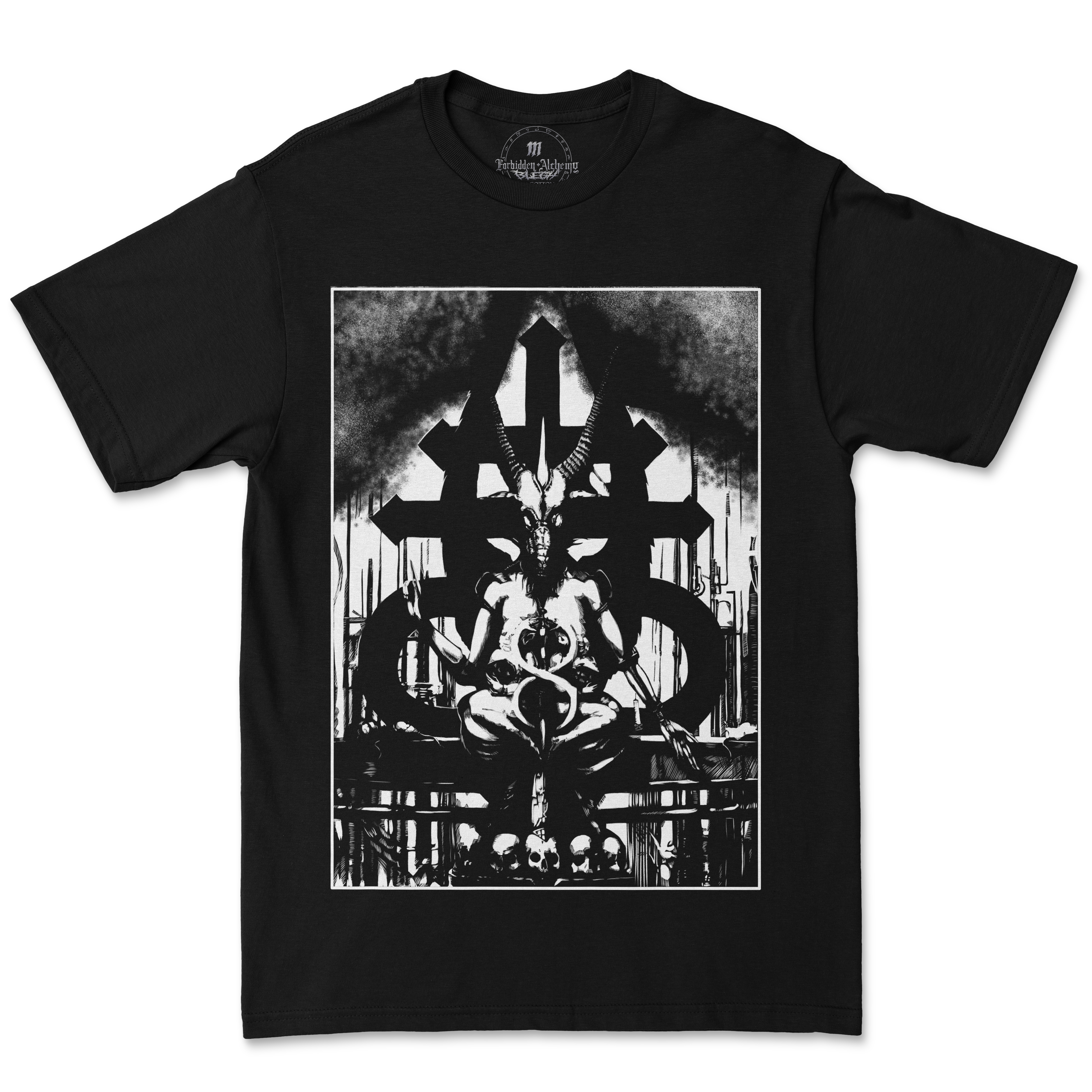 Baphomet mens T-shirt with goat-headed sigil design, premium cotton, forbidden alchemy collection