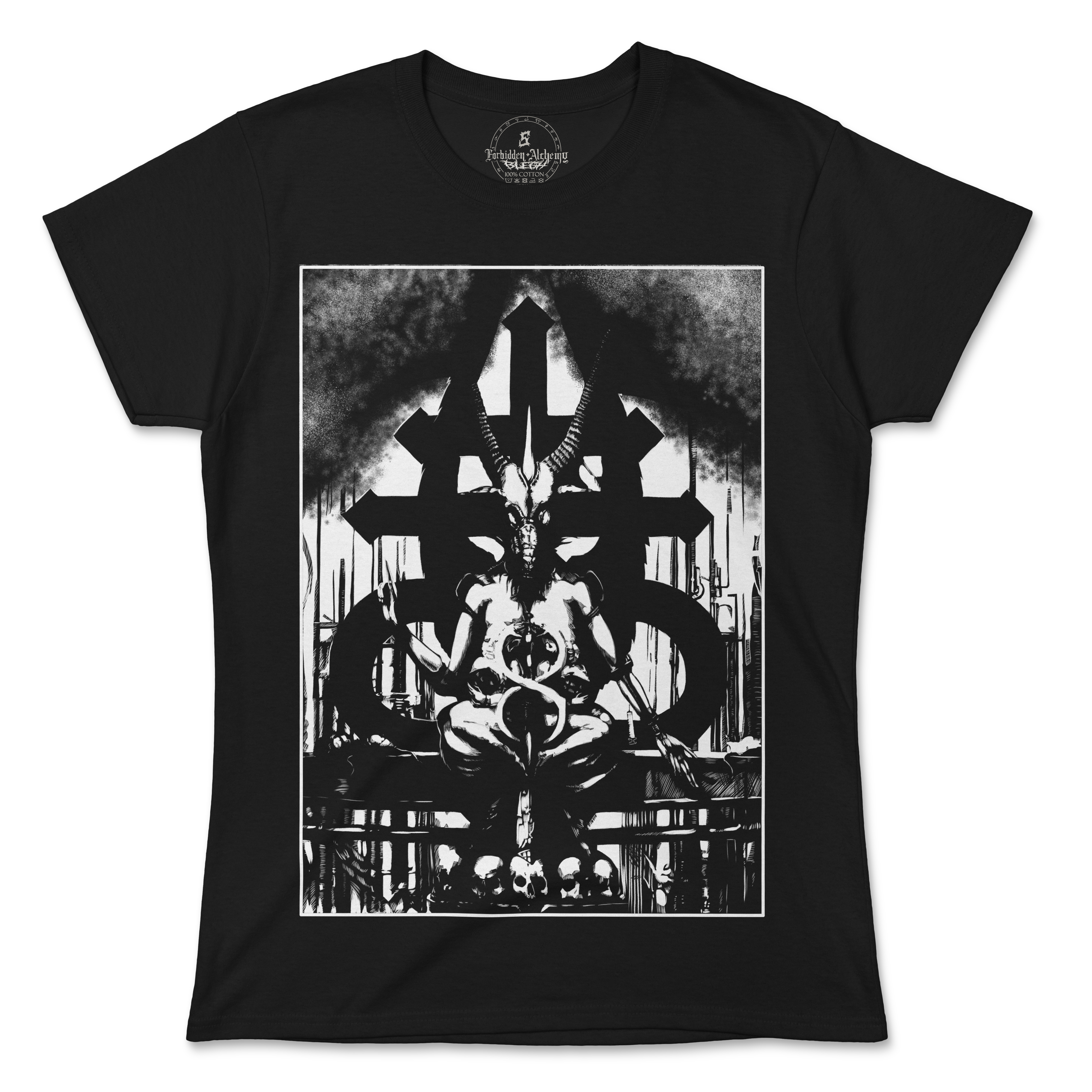 Women's black T-shirt featuring baphomet design, premium cotton, intricate graphic detail, by Forbidden Alchemy.