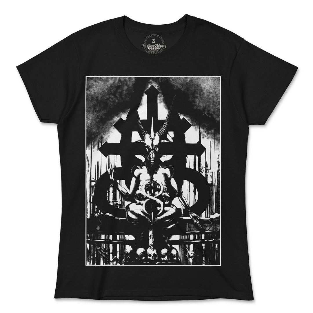 Women's black Baphomet T-shirt with detailed design, crafted with premium cotton and DTG printing, by Forbidden Alchemy.