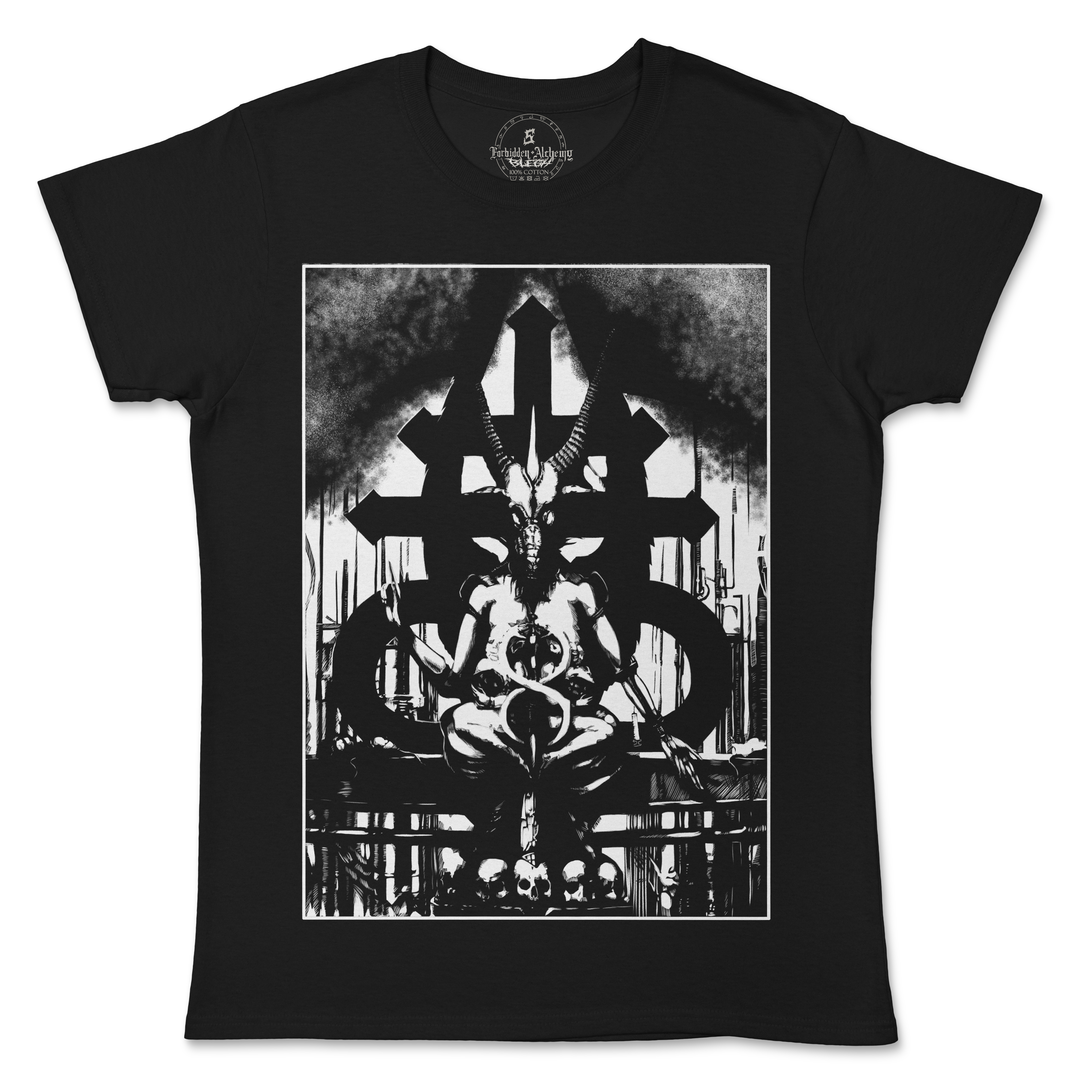 Baphomet women's T-shirt featuring intricate design, 100% cotton, DTG printed for quality and durability. Forbidden Alchemy fashion.