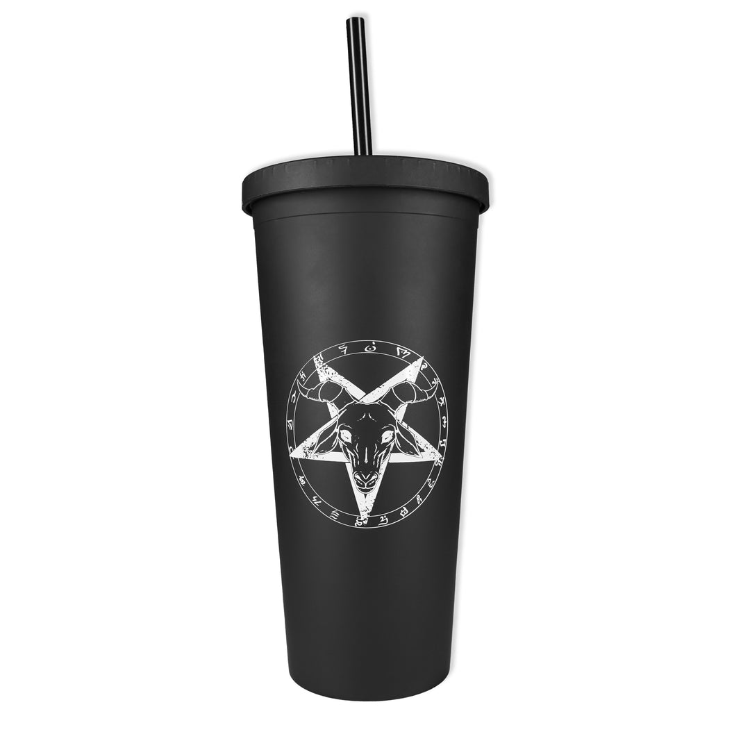 Pentagram Tumbler with screw lid and reusable straw, 22oz capacity, perfect for temperature control, featuring forbidden alchemy design.