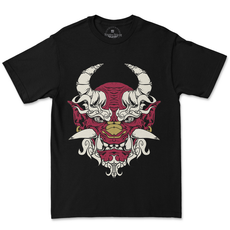 Oni Demon men's black T-shirt featuring detailed graphic design, made with 100% premium cotton and DTG printing for lasting quality.