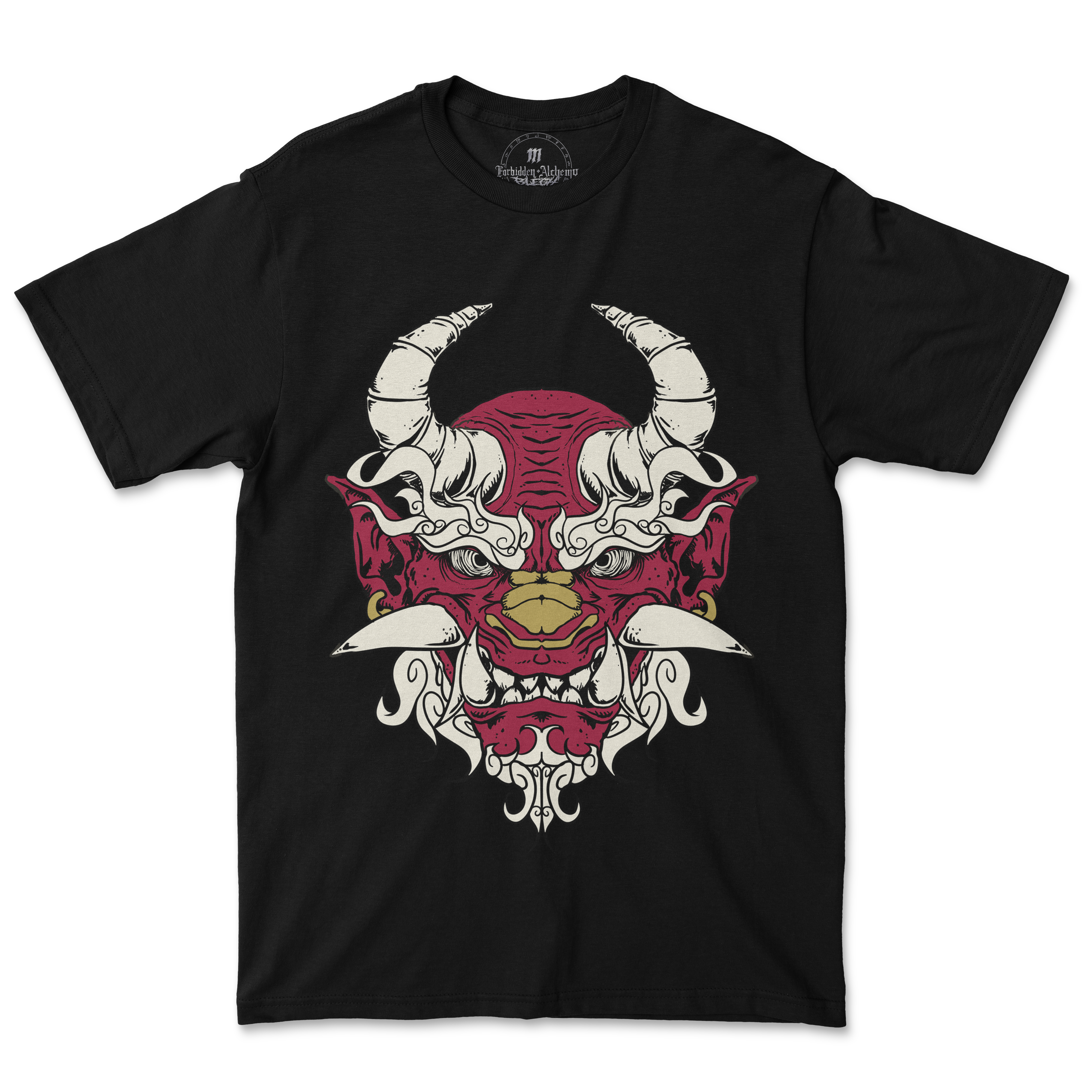 Oni Demon men's black T-shirt featuring a bold red and white demon design printed with Direct-to-Garment technology for vibrant detail.