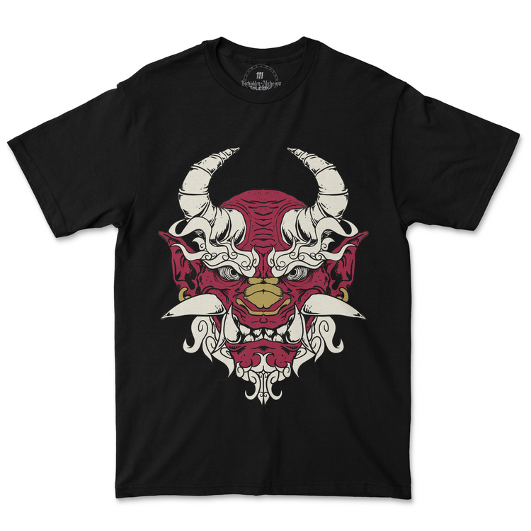 Oni Demon men's black T-shirt featuring a bold red and white demon design printed with Direct-to-Garment technology for vibrant detail.