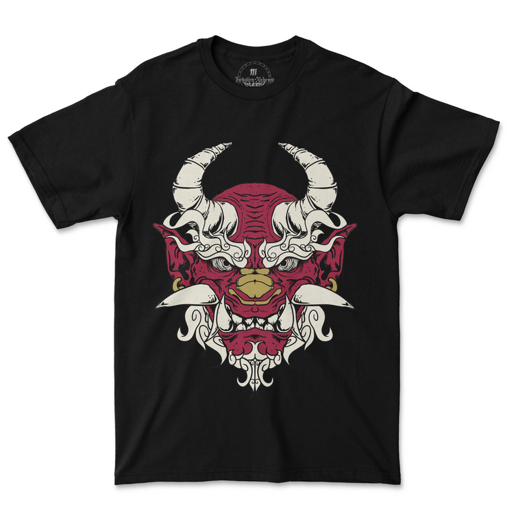 Oni Demon men's black T-shirt with detailed demon design, made from premium cotton and printed using DTG for lasting quality.