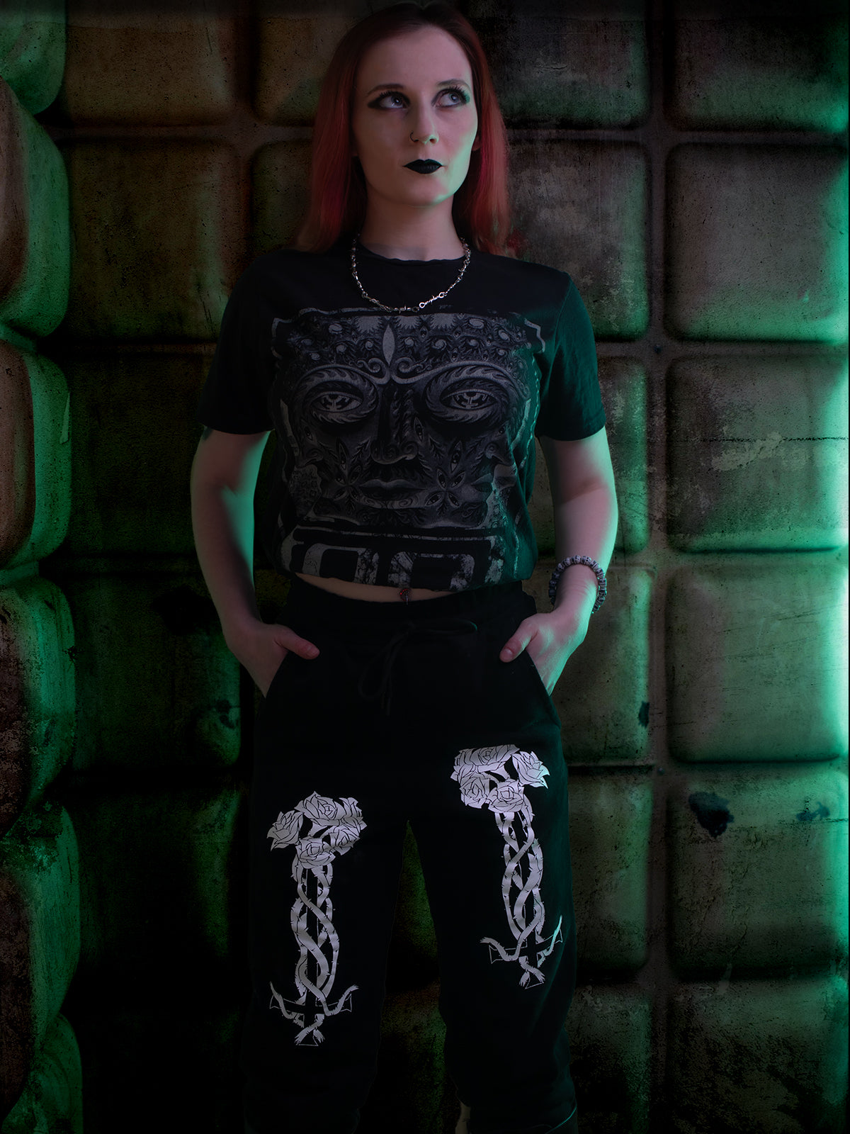 Model wearing Thorn Joggers from Forbidden Alchemy, featuring a mystical design with a fitted style. Perfect blend of comfort and style.