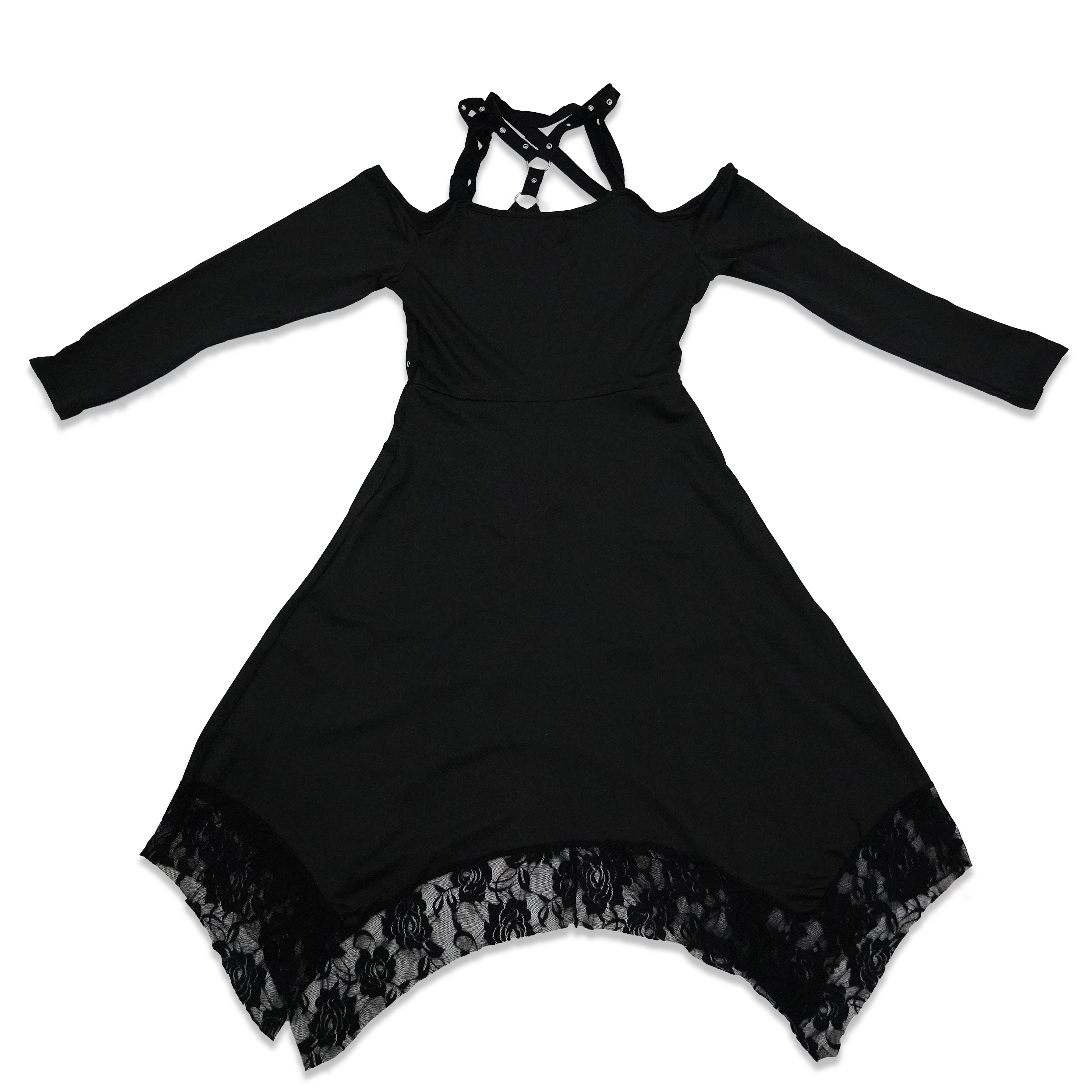Elegant black Gabriela dress with lace hem and criss-cross straps, perfect for evening wear or special occasions.