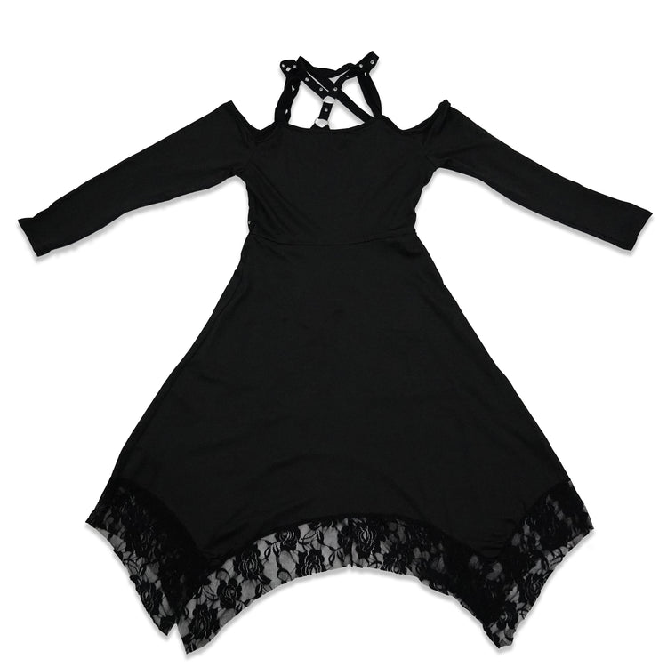 Elegant black Gabriela dress with lace hem and criss-cross straps, perfect for evening wear or special occasions.