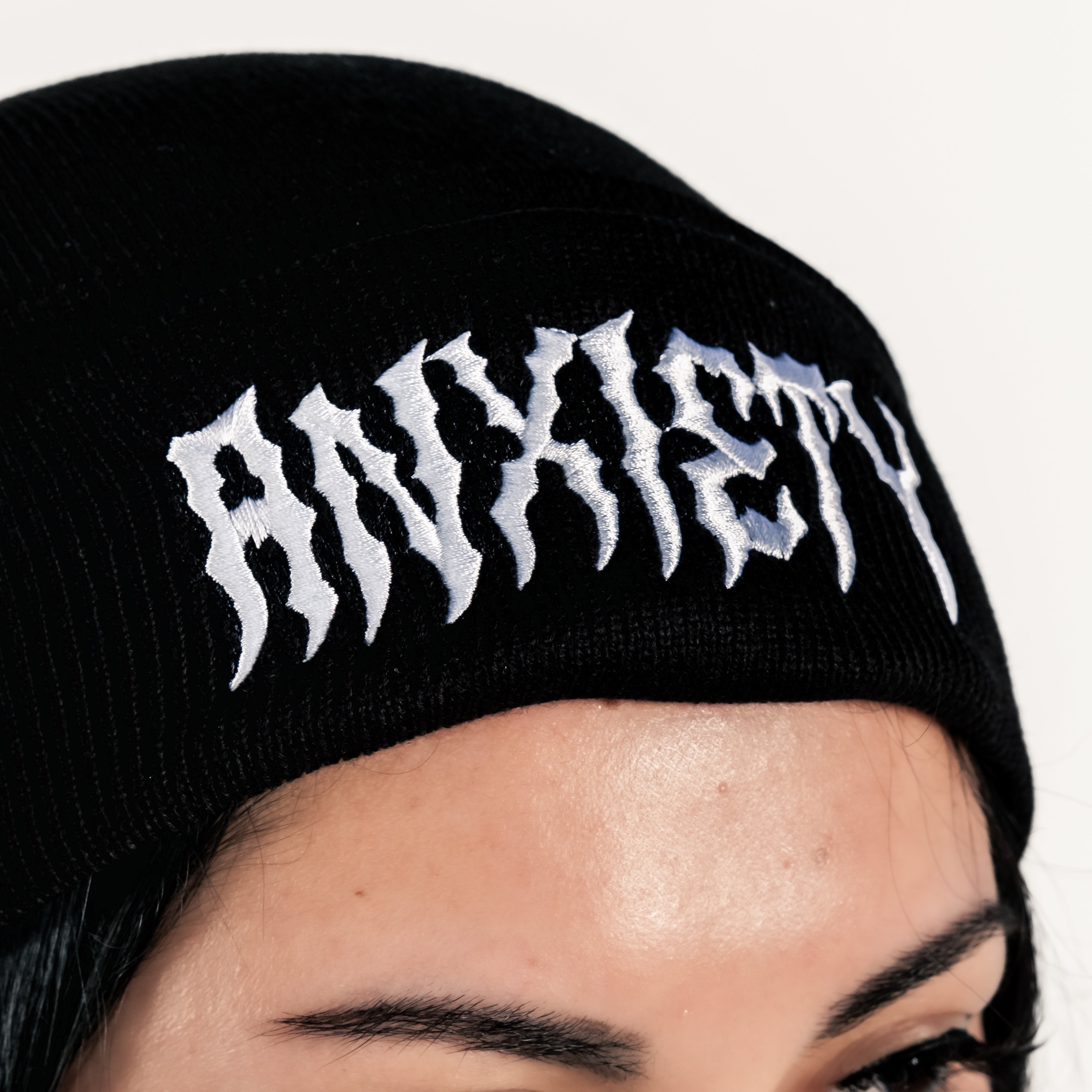 Shop Anxiety - Beanie from forbidden alchemy's unisex beanie collection. Soft knit, 100% acrylic, bold embroidery, authentic alternative style. Tagged: Beanies.Beaniesforbidden alchemyBeanies
