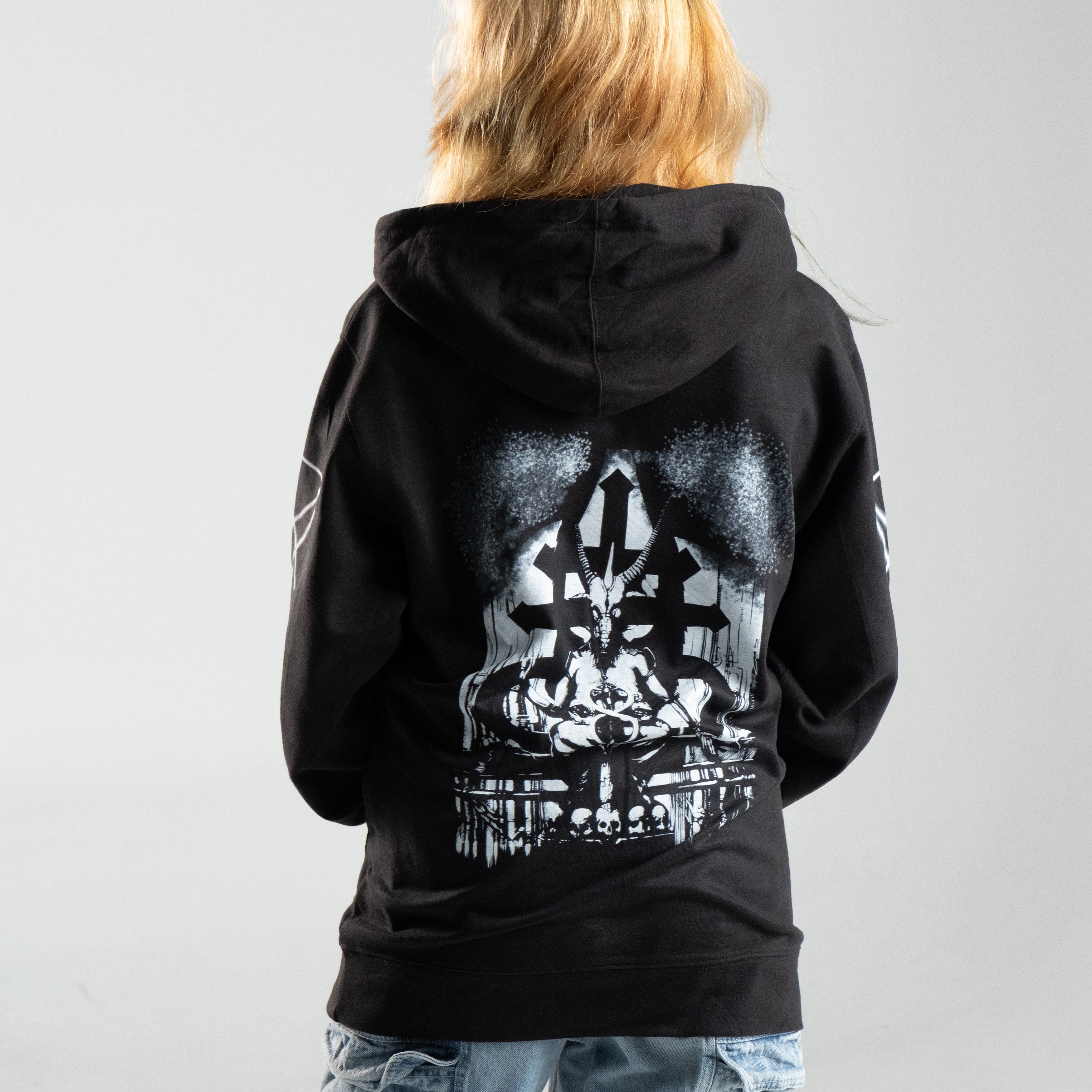 Back view of Leviathan Cross Hoodie with unique design, 100% cotton, showcasing provocative imagery printed using Direct-to-Garment method.
