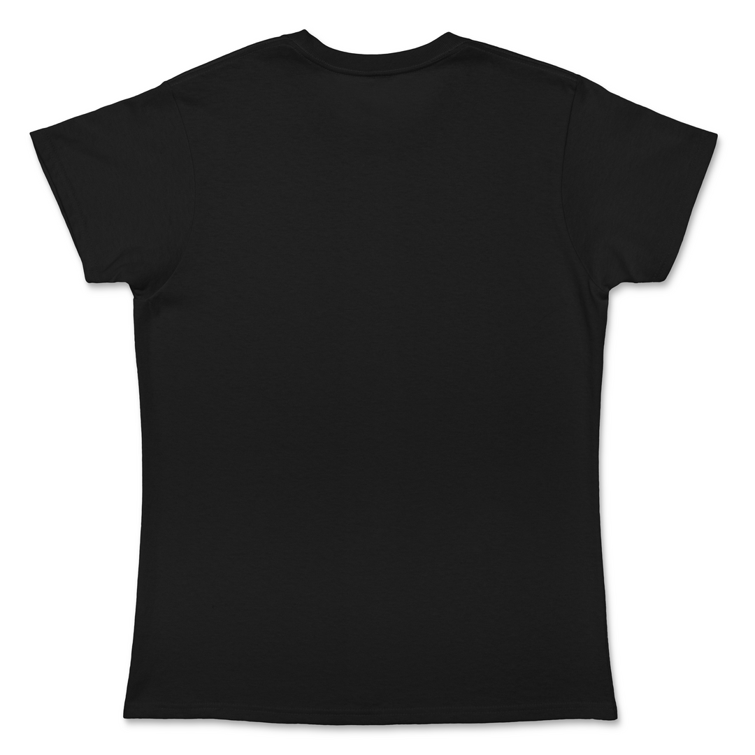Back view of women's black Baphomet t-shirt from Forbidden Alchemy, showcasing soft 100% cotton fabric.