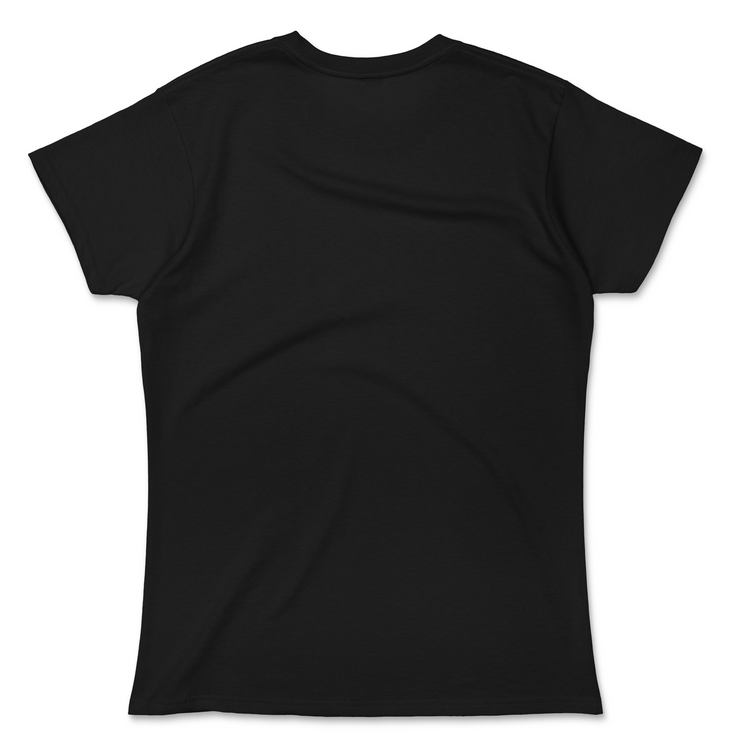 Back view of black baphomet women's T-shirt made with 100% premium cotton, showcasing quality fabric and fit.