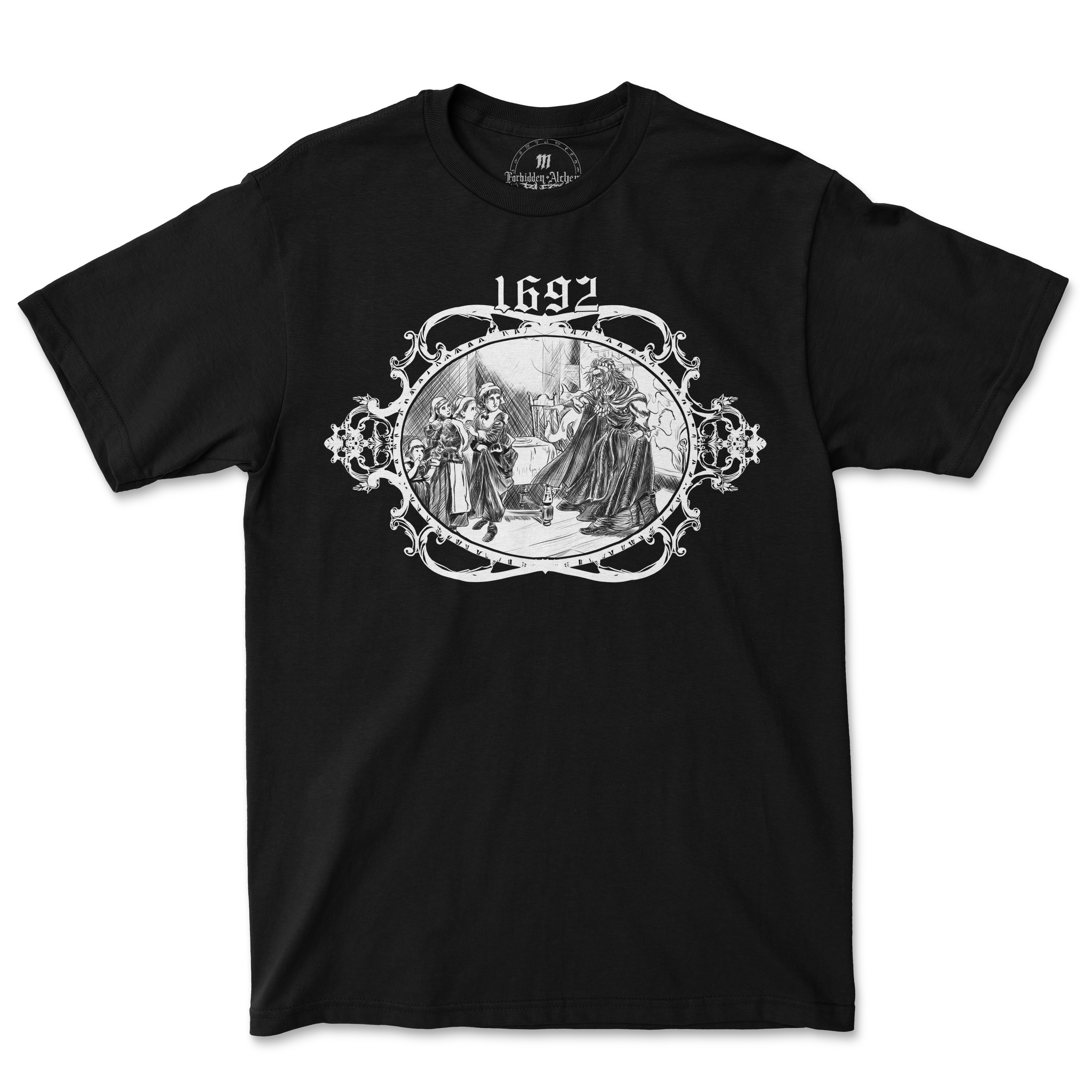 Black 1692 men's T-shirt with forbidden alchemy design, premium cotton, DTG printed for high quality and durability.
