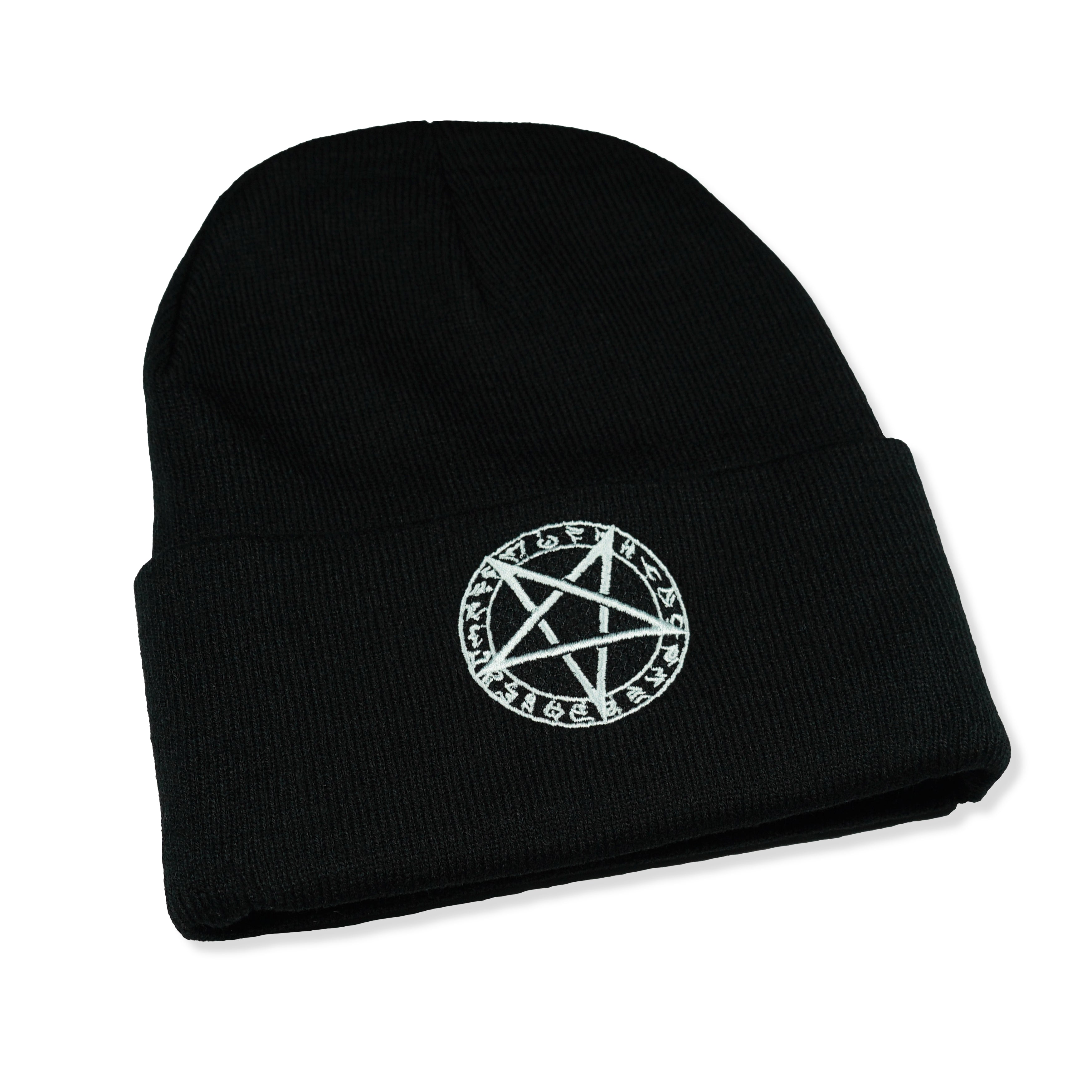 Pentagram Beanie - premium knit headpiece with embroidered pentagram symbol, ultra-soft fabric for warmth and style.