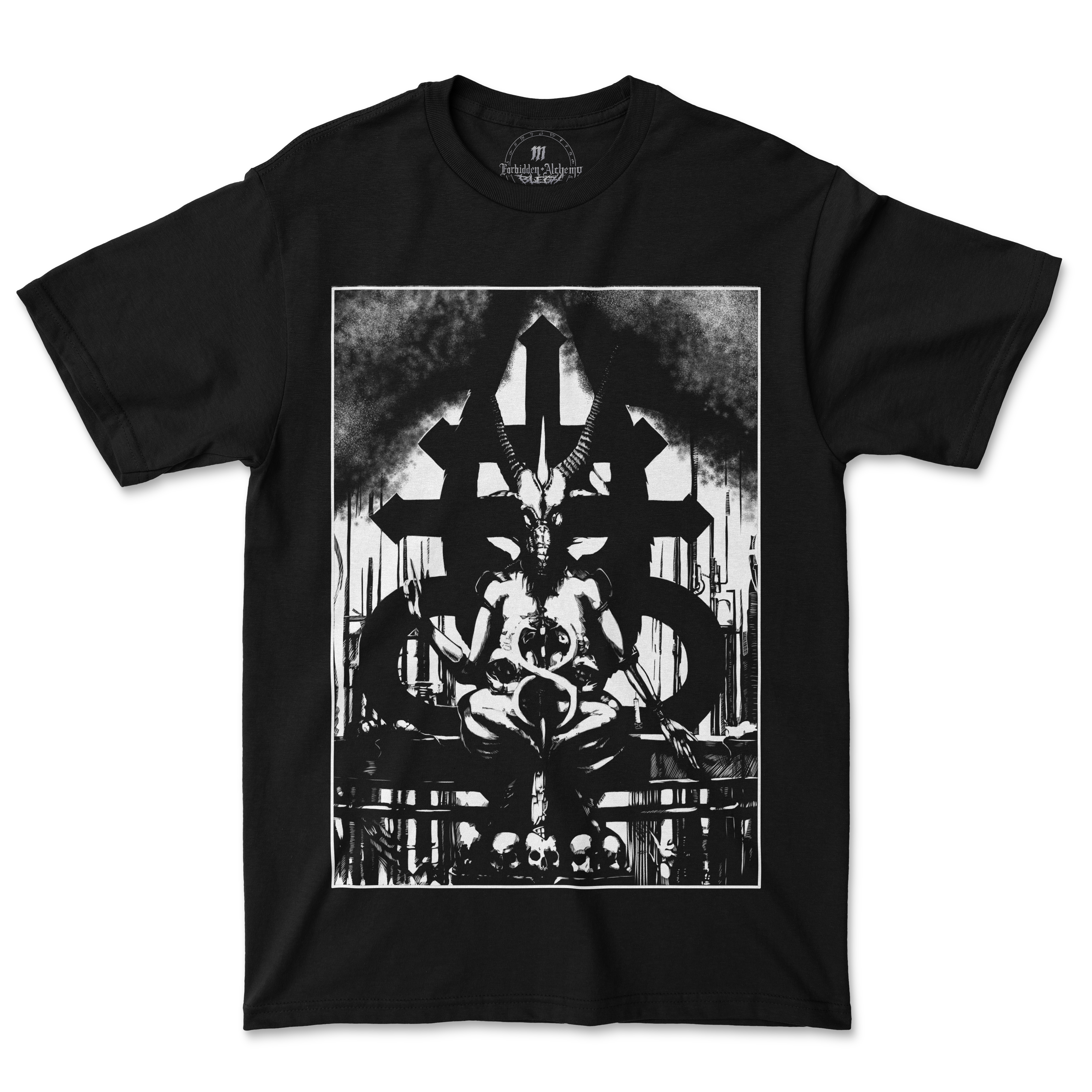 Baphomet mens T-shirt with goat-headed sigil and mystical design, black premium cotton, Forbidden Alchemy style