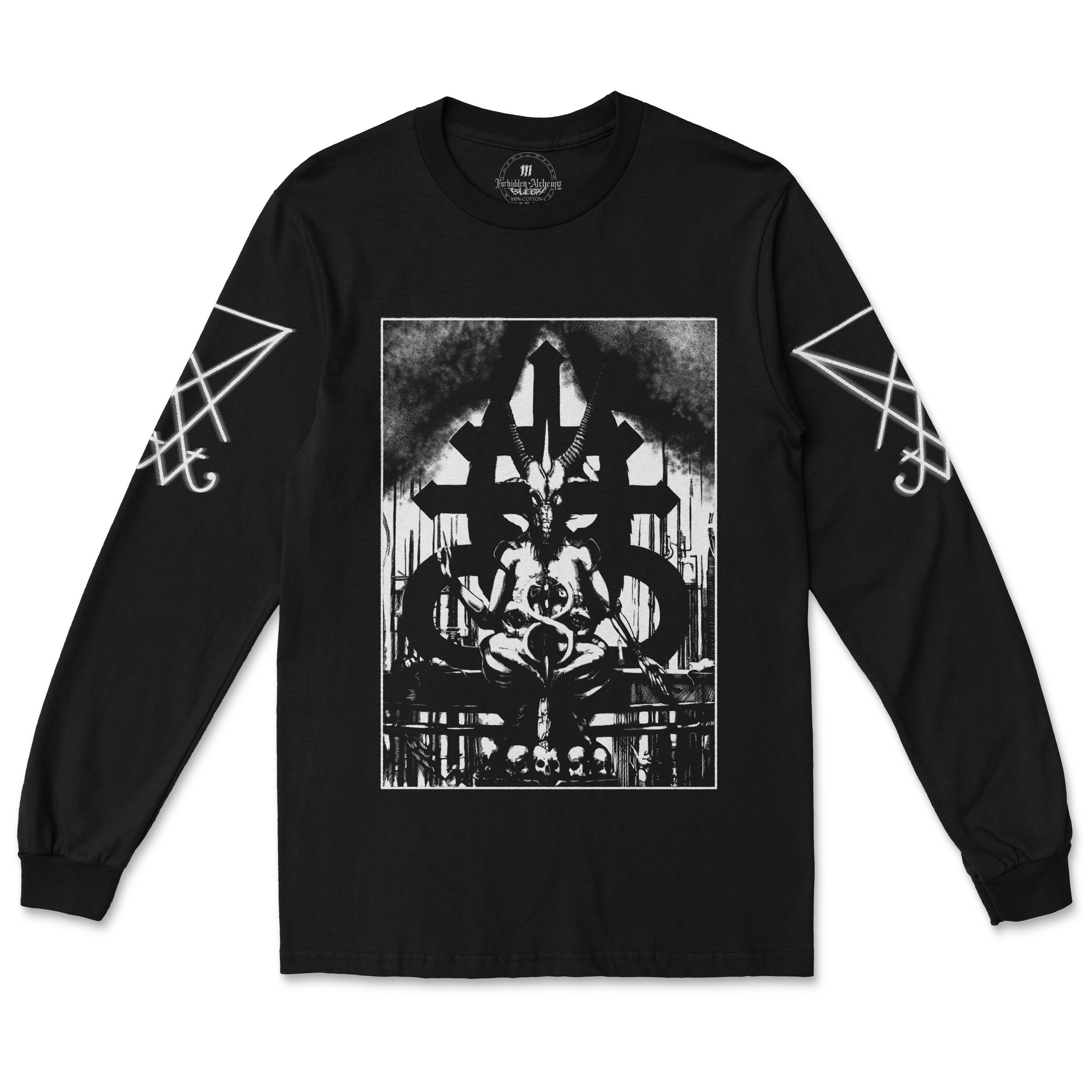 Baphomet Long Sleeve by Forbidden Alchemy with dark, detailed design on black cotton, using D.T.G printing for high-quality finish.