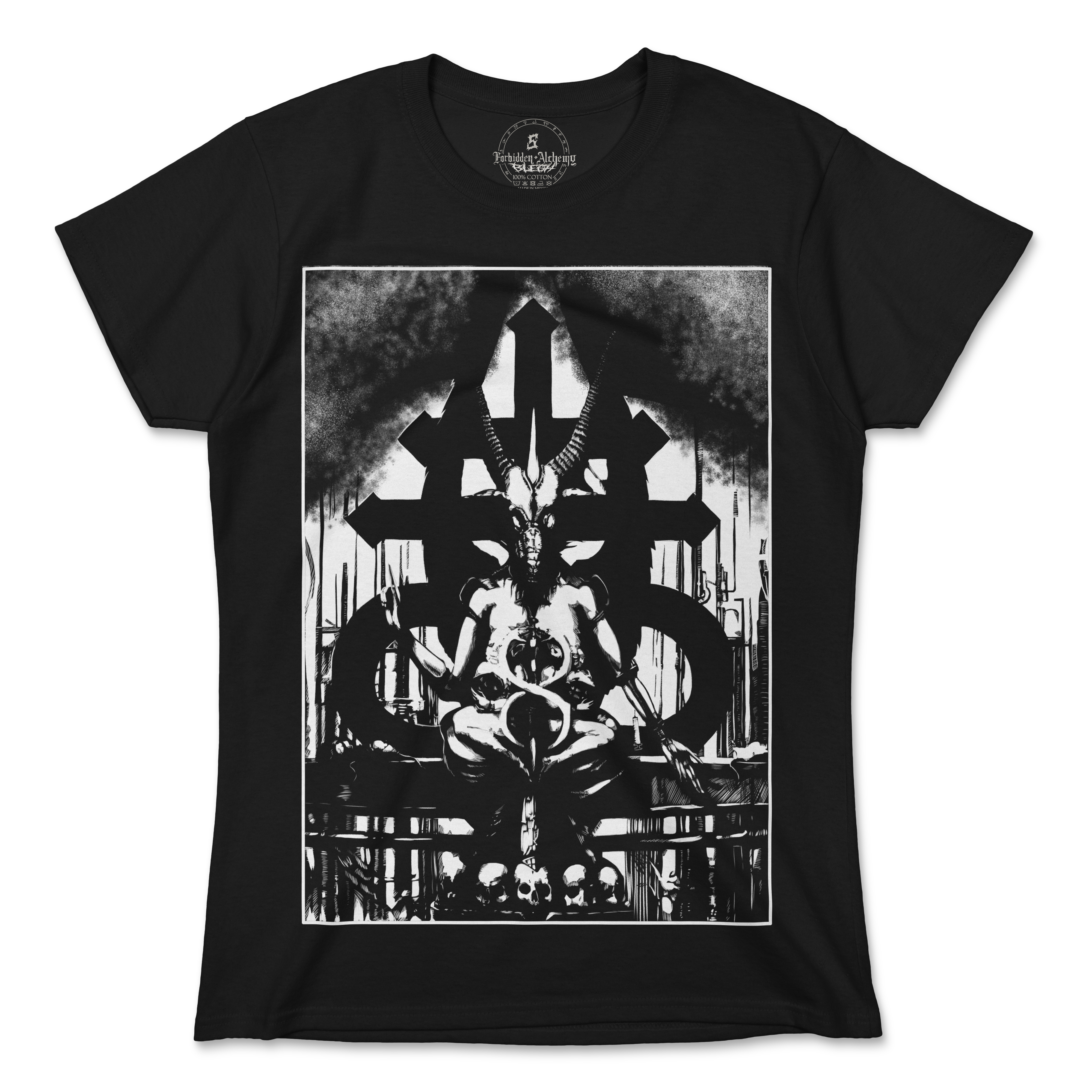 Women's black Baphomet T-shirt with dark, detailed design, made from 100% premium cotton using DTG printing by Forbidden Alchemy.