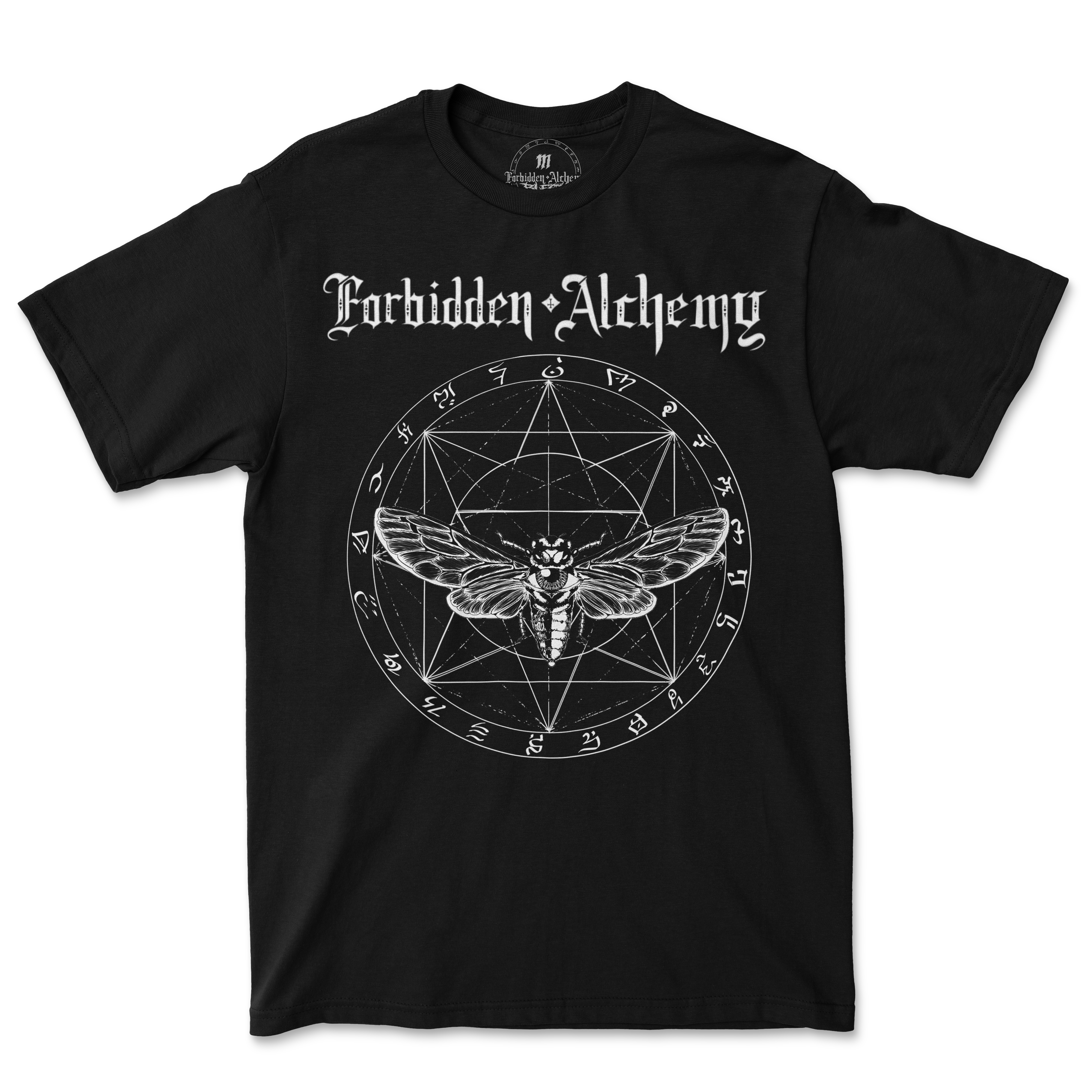 Alchemy of Cicadas men's black T-shirt with intricate design, 100% premium cotton, high-quality DTG print, mystical style