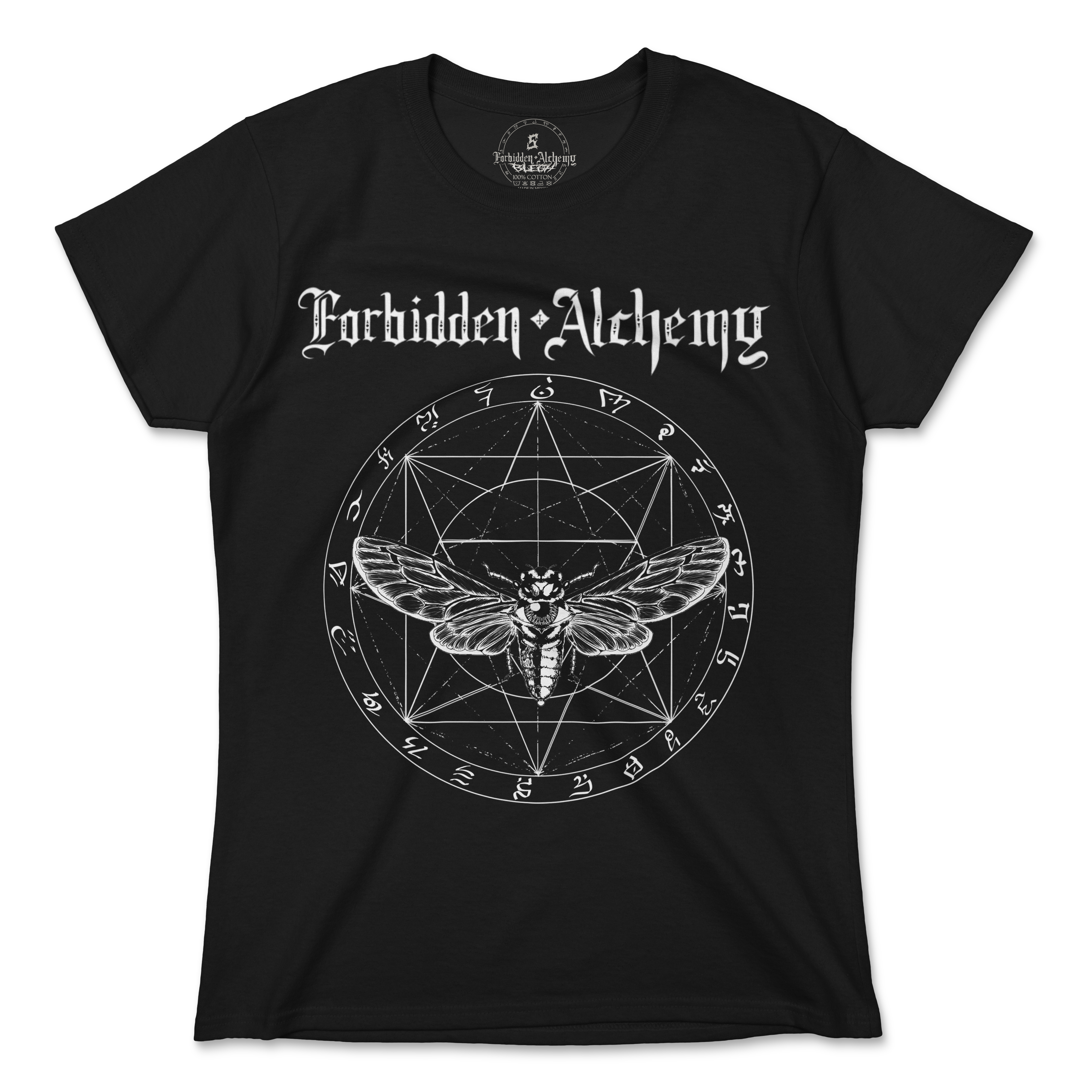 Cicadas Women's 100% Black T-Shirt by Forbidden Alchemy with intricate alchemy design and premium cotton material.