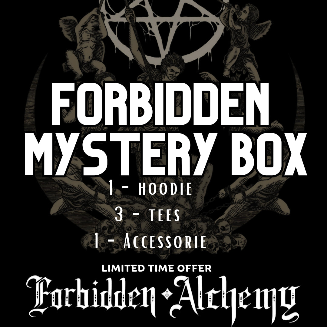 Shop Forbidden Mystery Box from Forbidden Alchemy—includes 1 hoodie, 2 t-shirts, and 1 mystery accessory. Premium apparel with authentic alternative designs.Apparel & Accessoriesforbidden alchemyMEN'S TEES