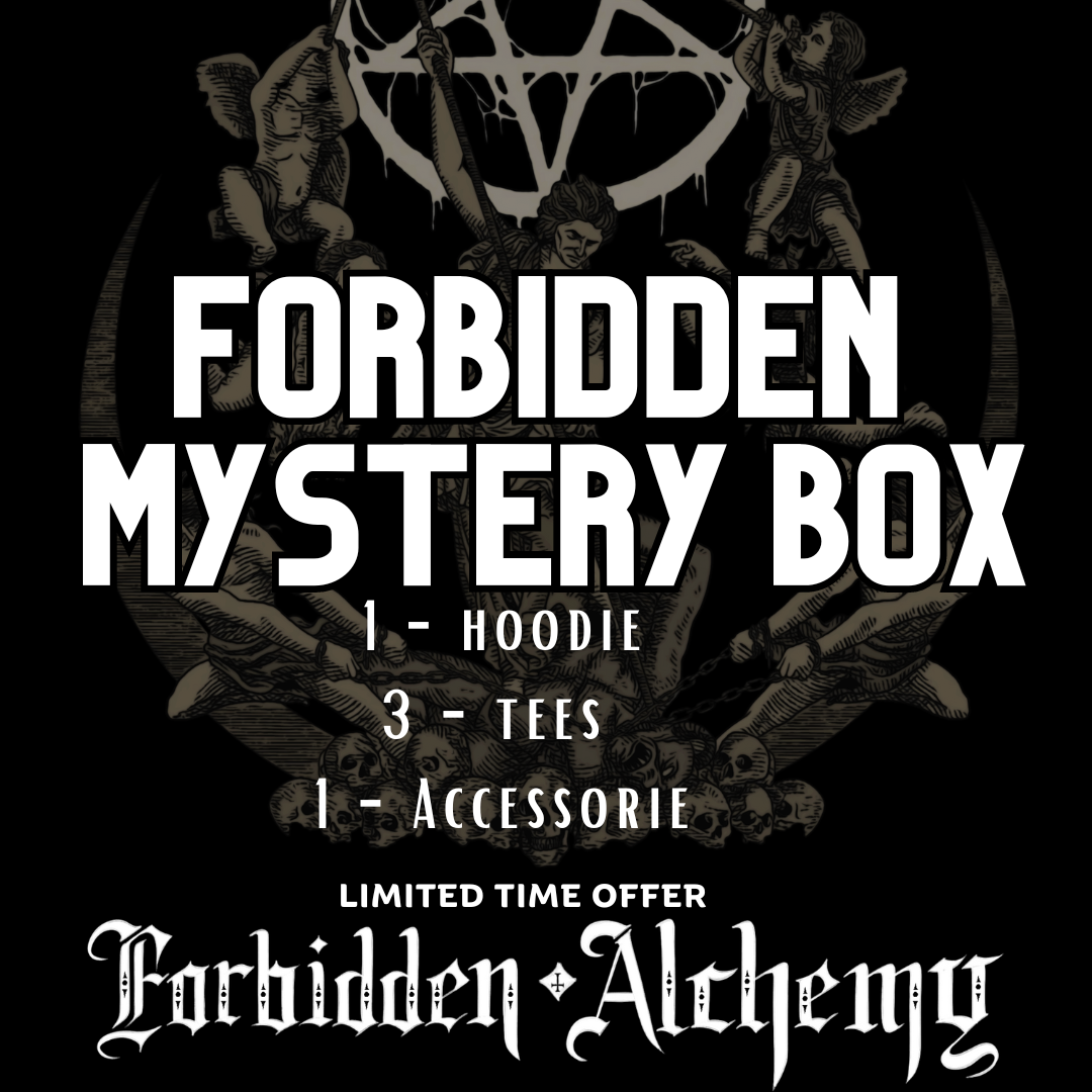 Forbidden Mens Mystery Box by Forbidden Alchemy featuring hoodie, tees, and accessory for metalheads and gothic fans.