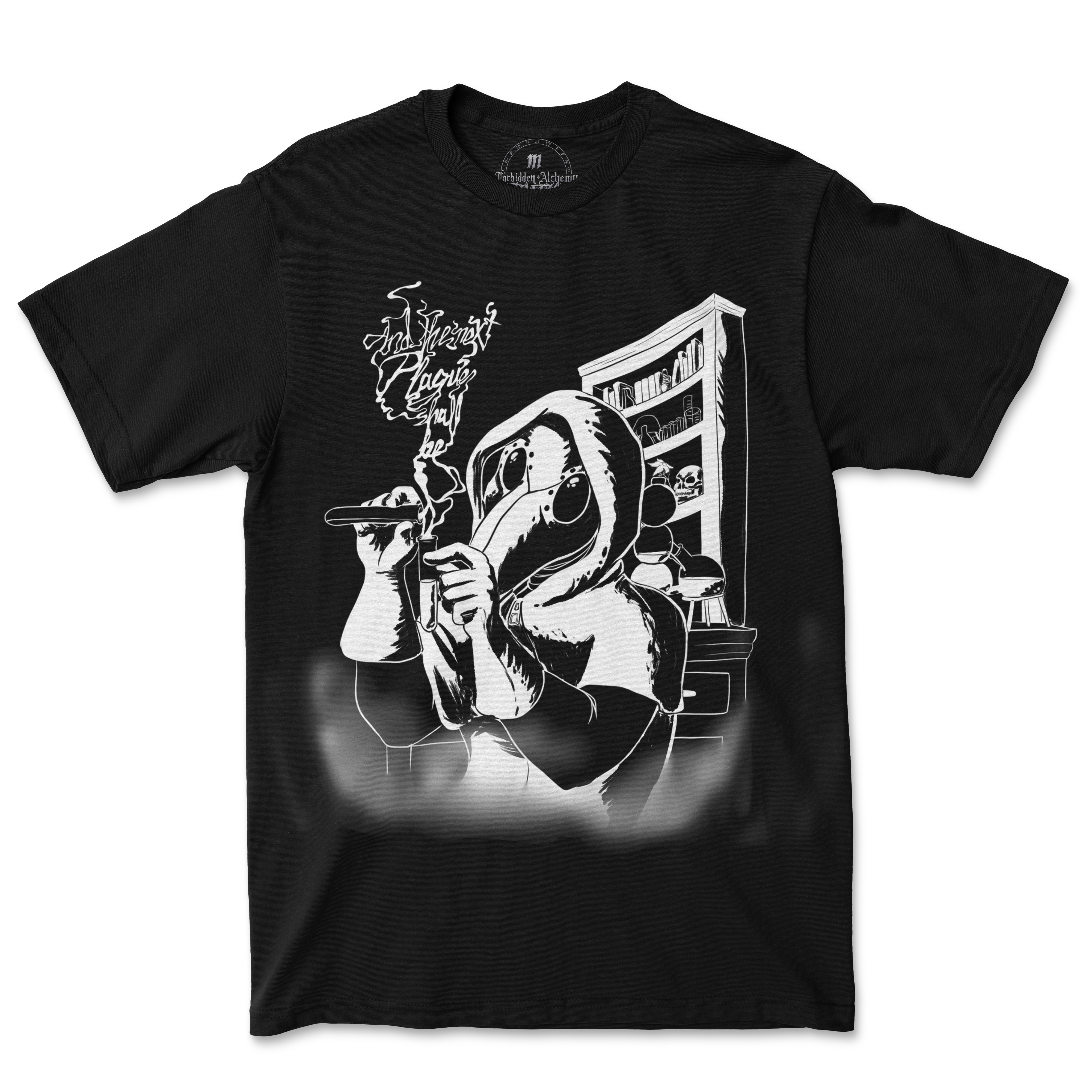 Men's black T-shirt with 'next plague?' design in premium cotton and DTG print, featuring an eye-catching graphic for durability.