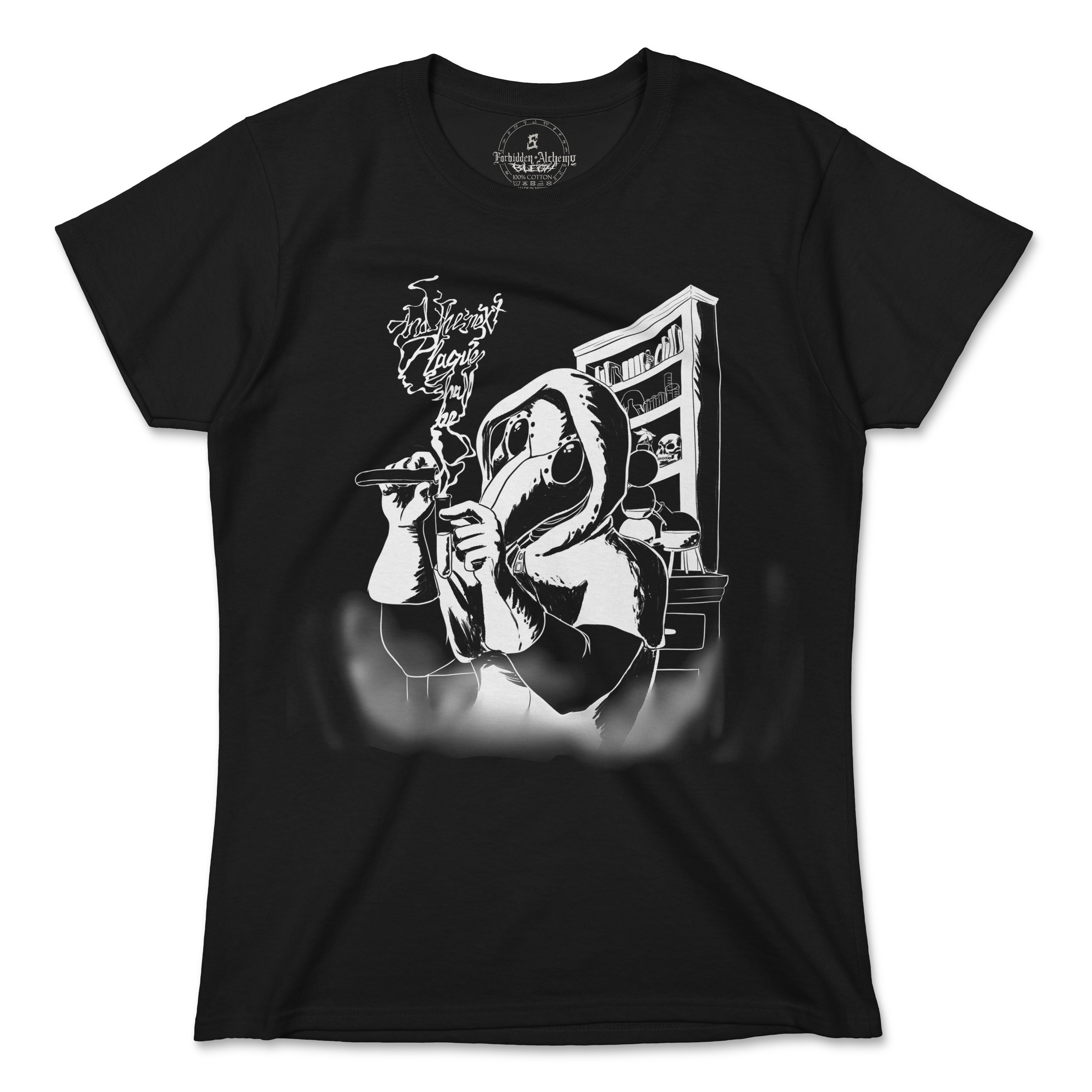 next plague women's black T-shirt with detailed plague doctor design, premium cotton.
