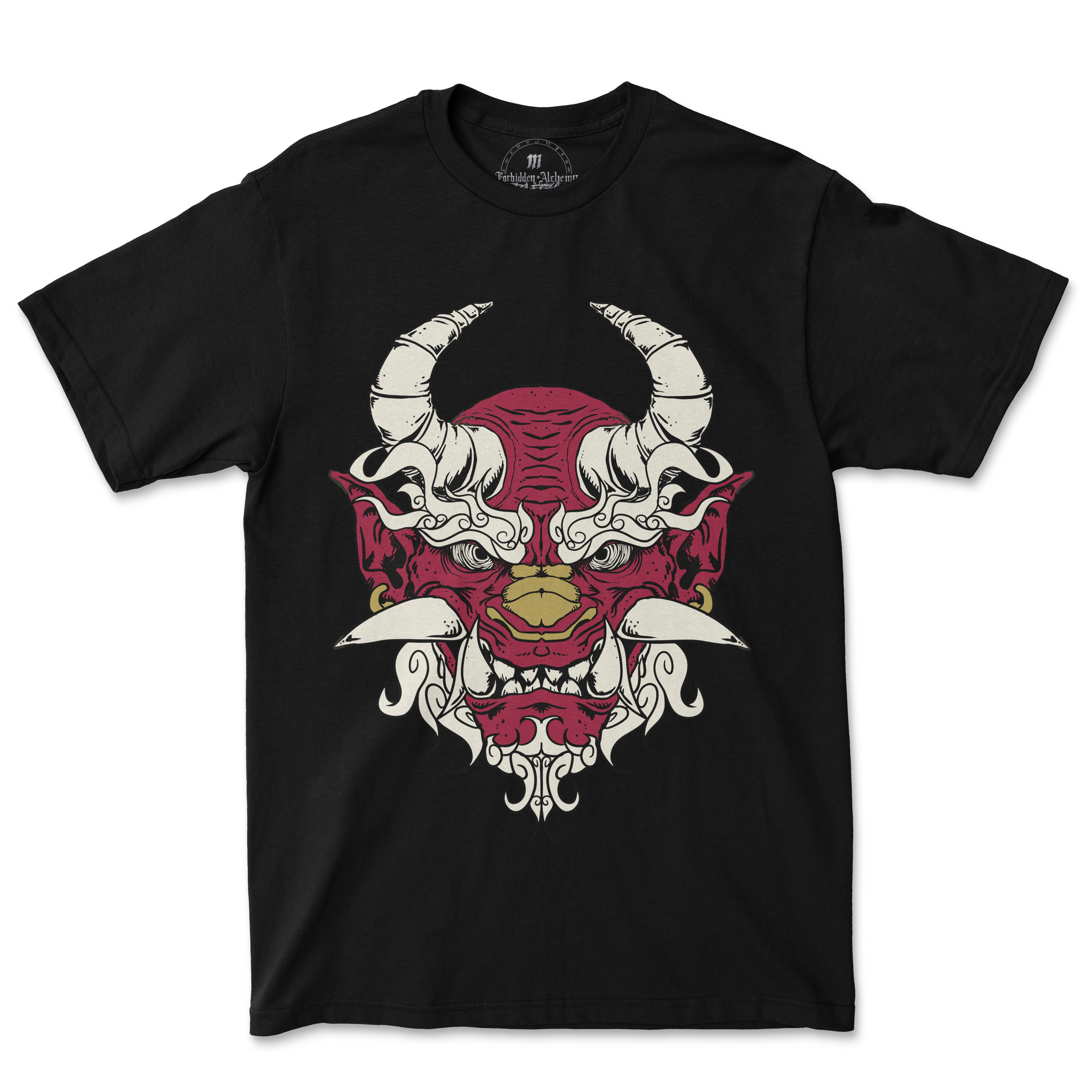 Oni Demon men's T-shirt showcasing detailed demon design, printed on black 100% cotton with DTG for high quality and lasting art.