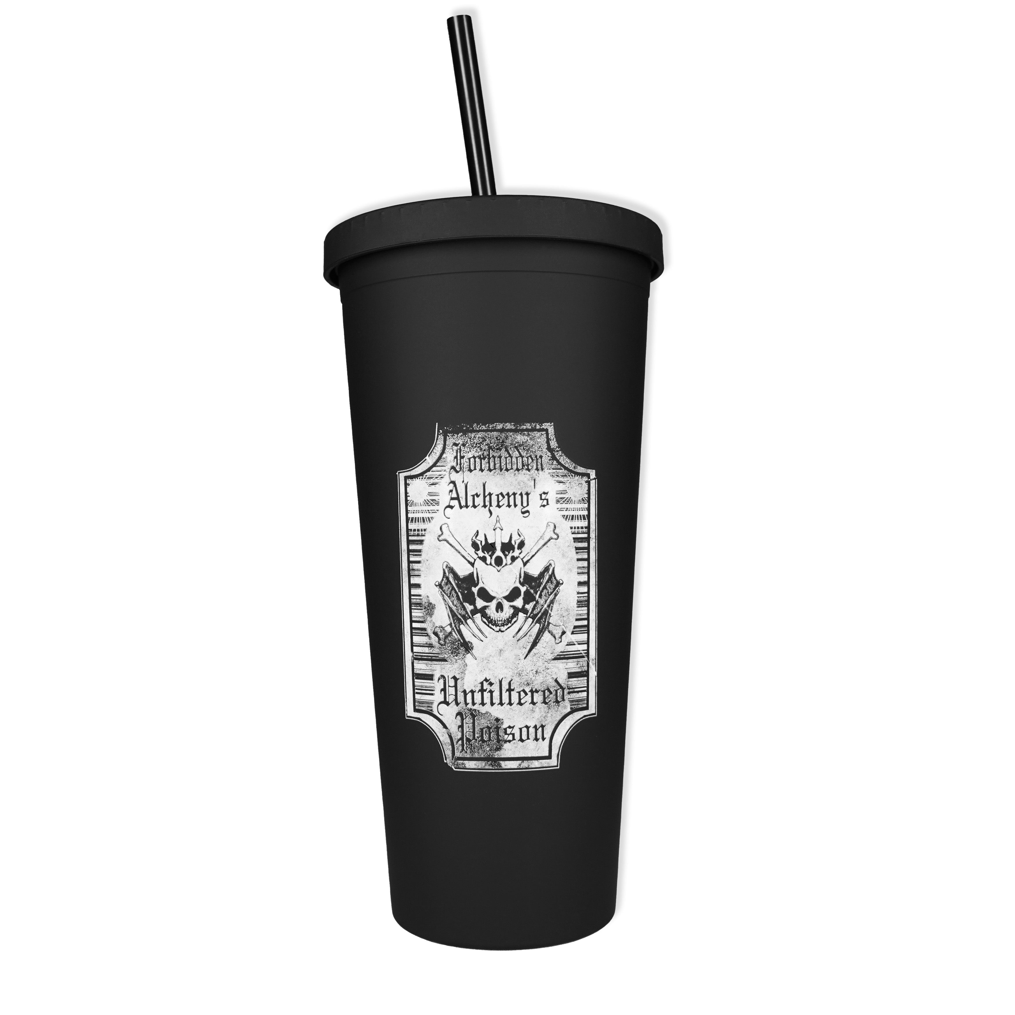 Unfiltered Poison Tumbler by Forbidden Alchemy, black tumbler with skull design, stylish drinkware