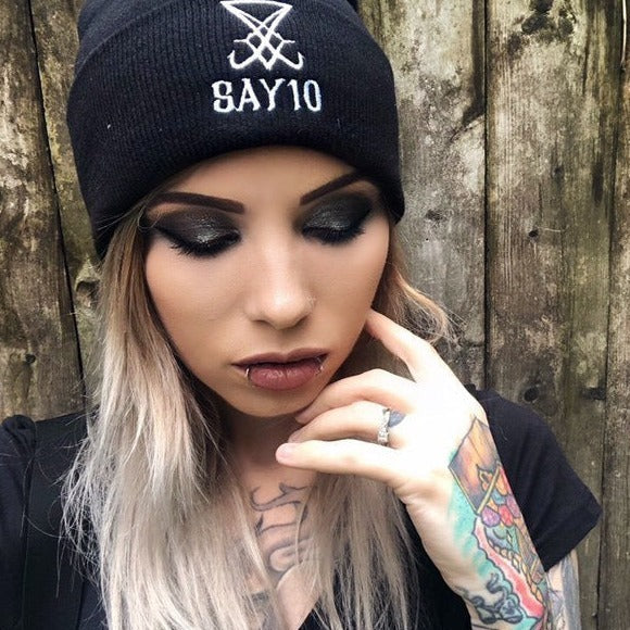 Shop SAY10 - beanie from forbidden alchemy's unisex beanie collection. Soft knit, 100% acrylic, bold embroidery, authentic alternative style. Tagged: Beanies.Beaniesforbidden alchemyBeanies