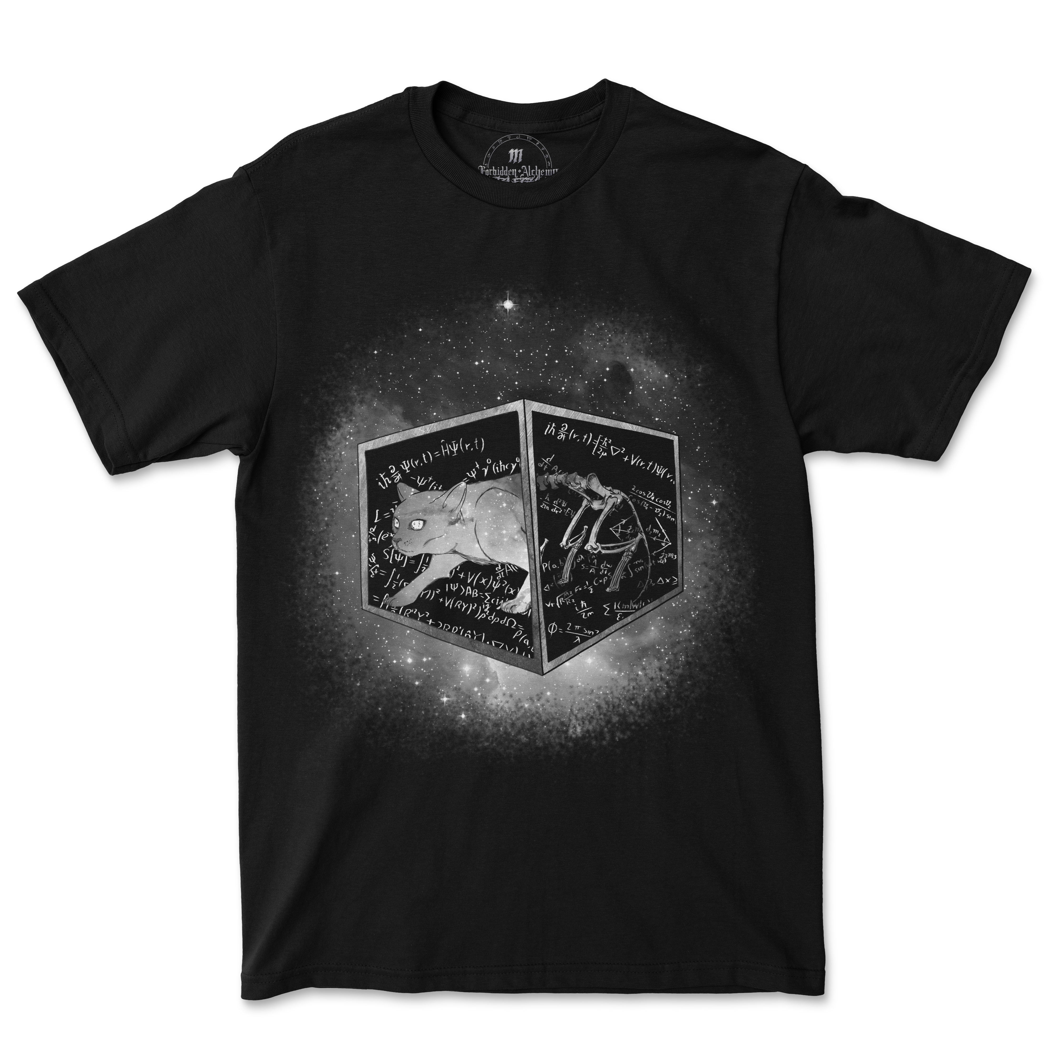 Schrödinger's cat men's T-shirt with cosmic box design, 100% cotton, high-quality D.T.G printing.