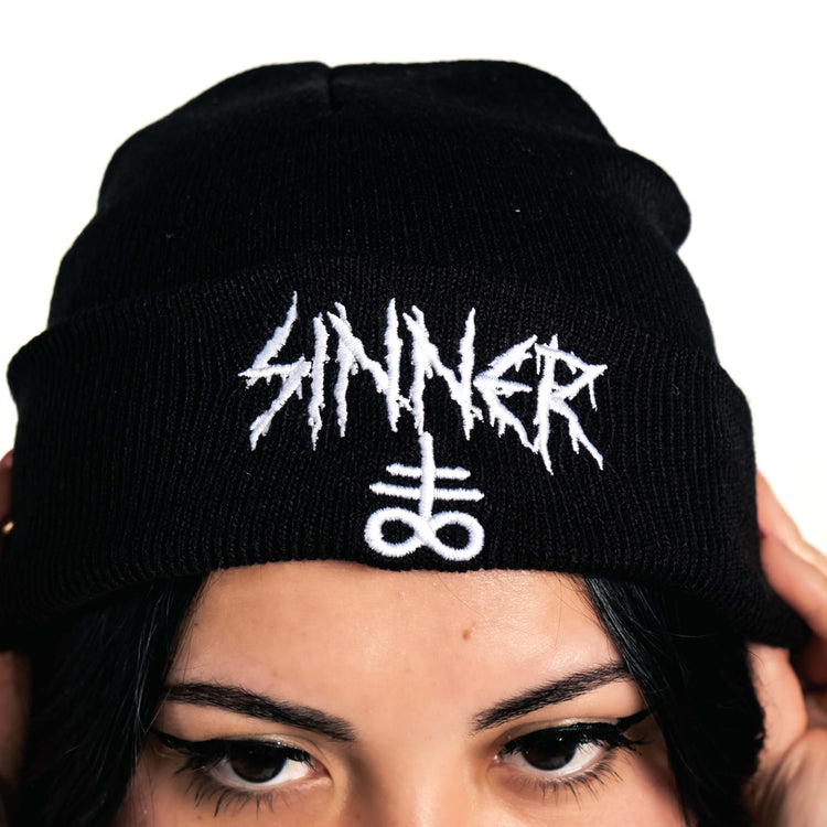 Shop Sinner - Beanie from forbidden alchemy's unisex beanie collection. Soft knit, 100% acrylic, bold embroidery, authentic alternative style. Tagged: Beanies.Beaniesforbidden alchemyBeanies