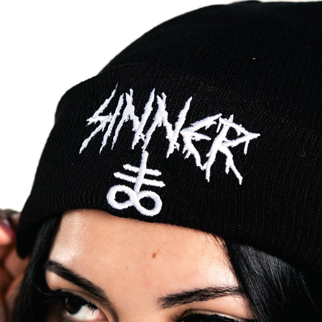 Shop Sinner - Beanie from forbidden alchemy's unisex beanie collection. Soft knit, 100% acrylic, bold embroidery, authentic alternative style. Tagged: Beanies.Beaniesforbidden alchemyBeanies