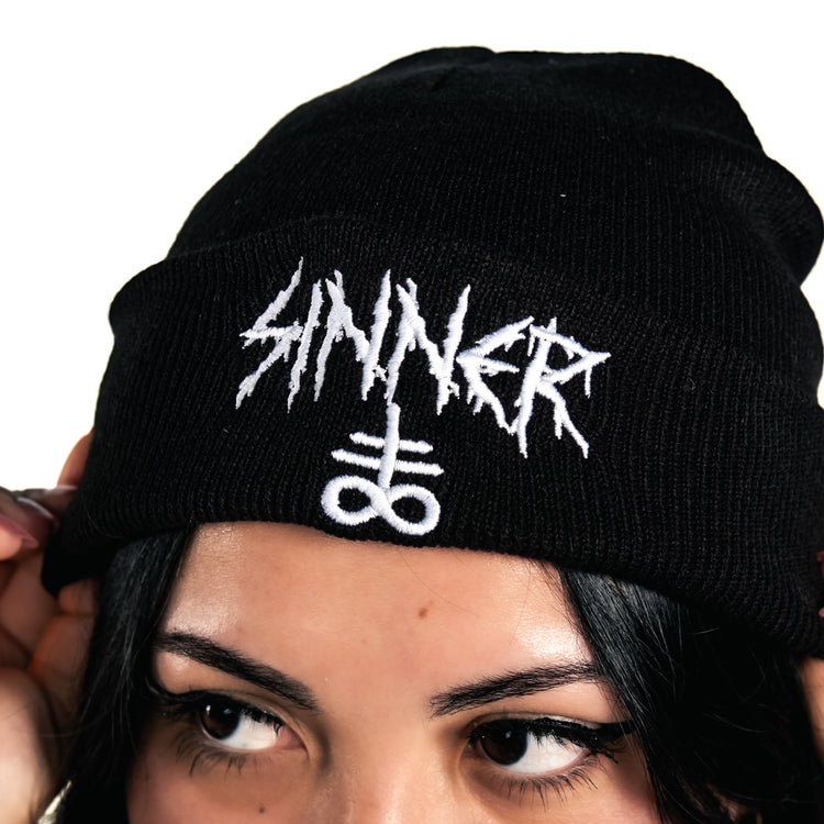 Shop Sinner - Beanie from forbidden alchemy's unisex beanie collection. Soft knit, 100% acrylic, bold embroidery, authentic alternative style. Tagged: Beanies.Beaniesforbidden alchemyBeanies