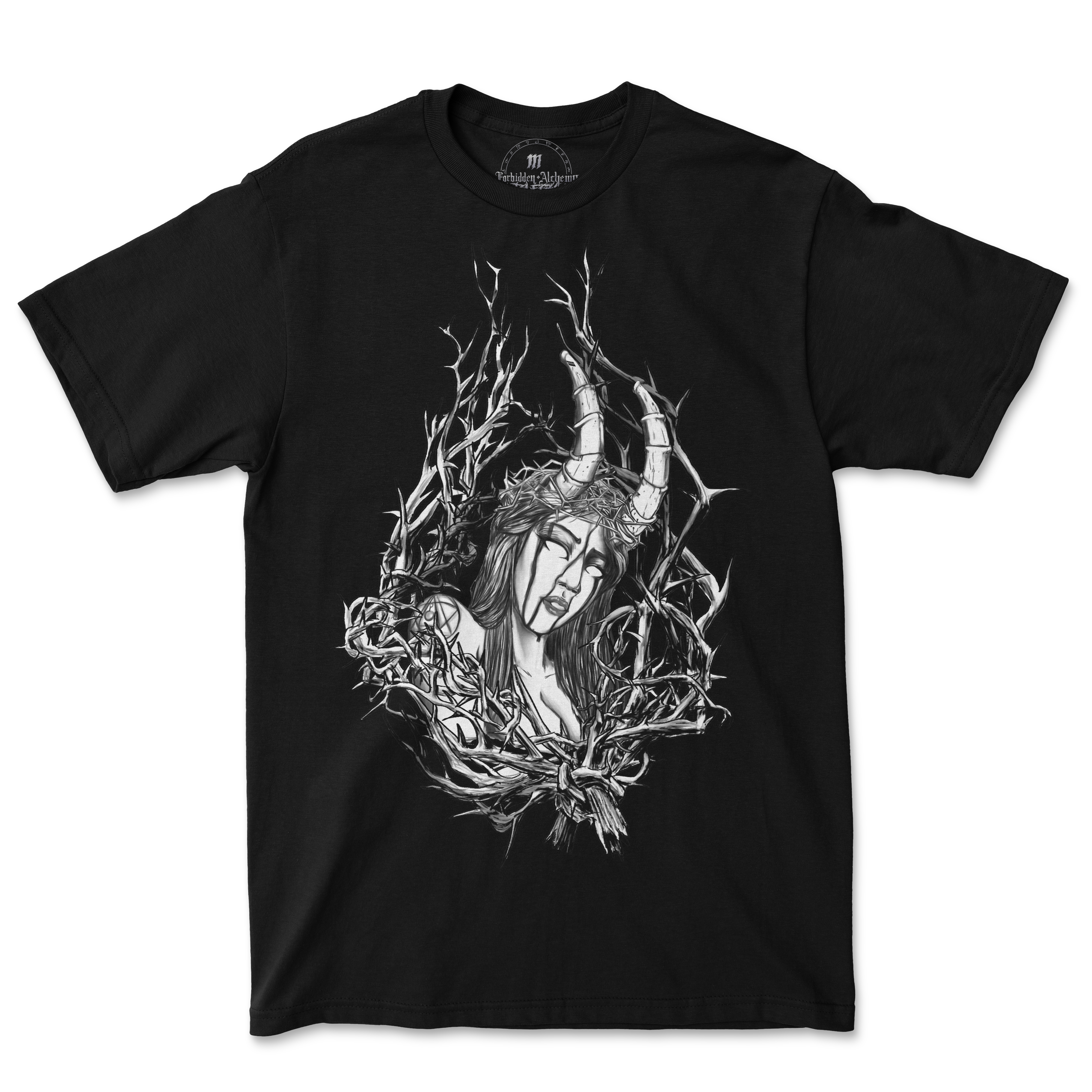 Thorned men's black T-shirt with premium cotton and forbidden alchemy design printed using DTG for detailed and lasting art.