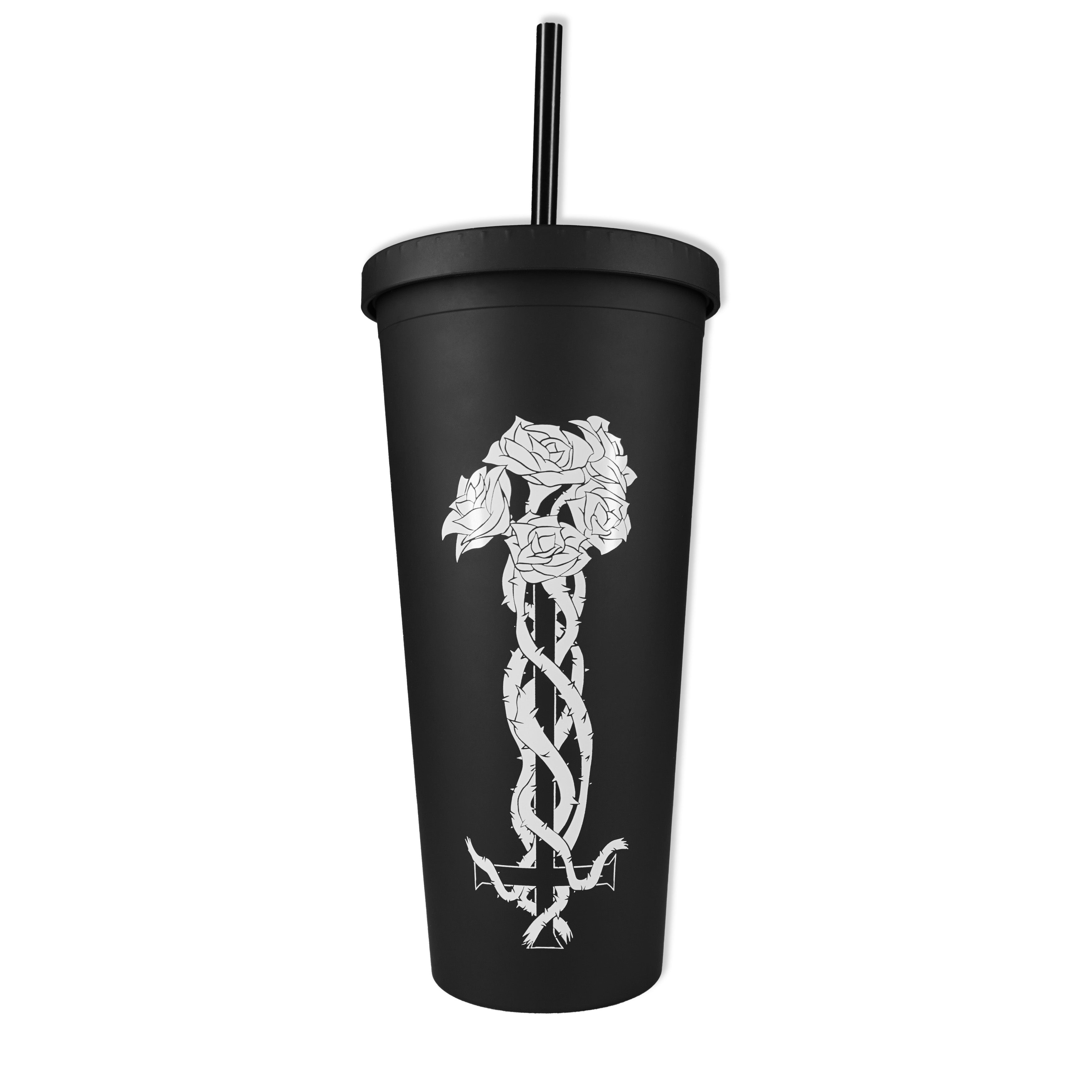 Dark Rose Tumbler with floral design and reusable straw, black insulated 22oz tumbler with screw lid, by Forbidden Alchemy.