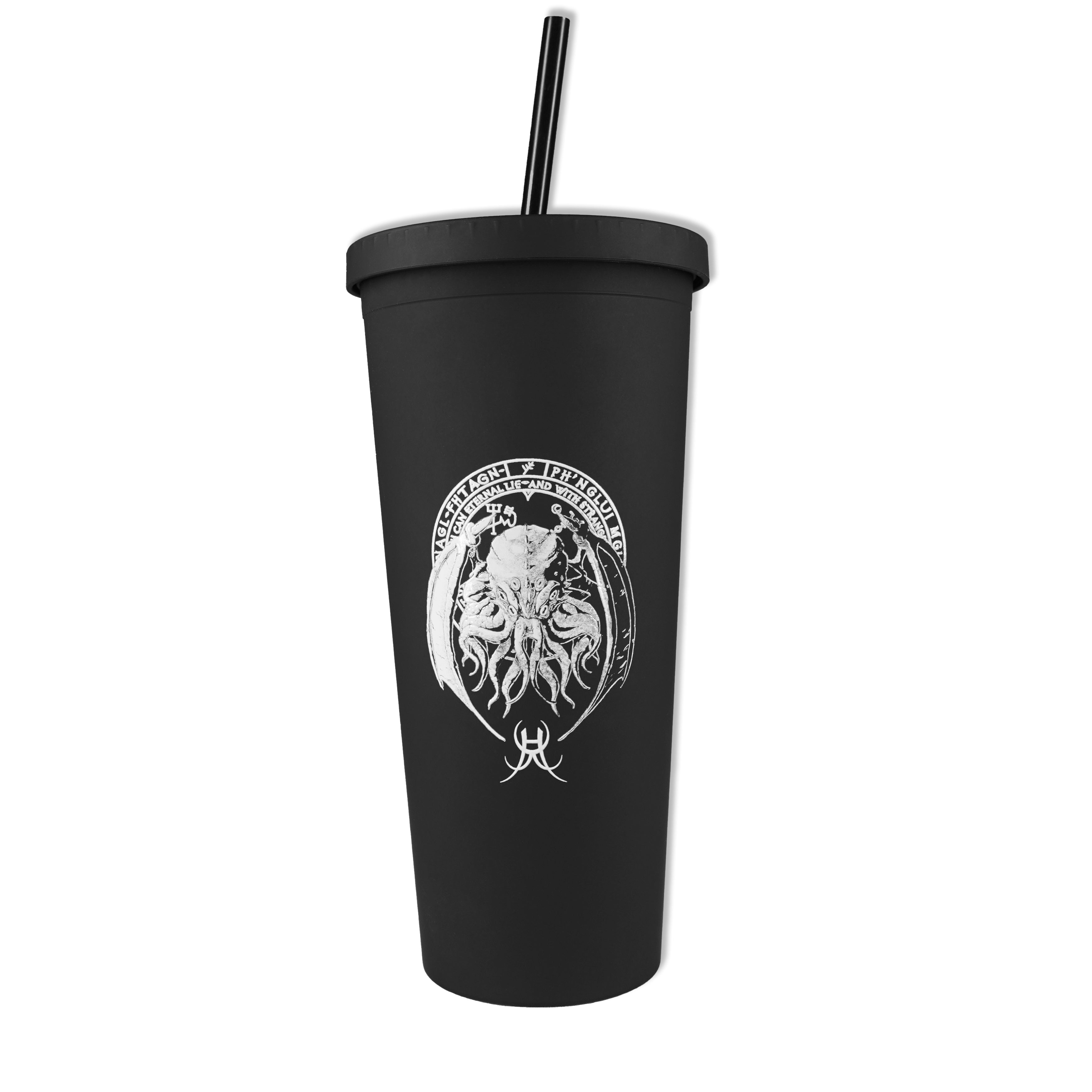 Lord of Madness Tumbler, 22oz insulated cup with straw, black design, high-quality, keeps drinks hot or cold, Forbidden Alchemy product