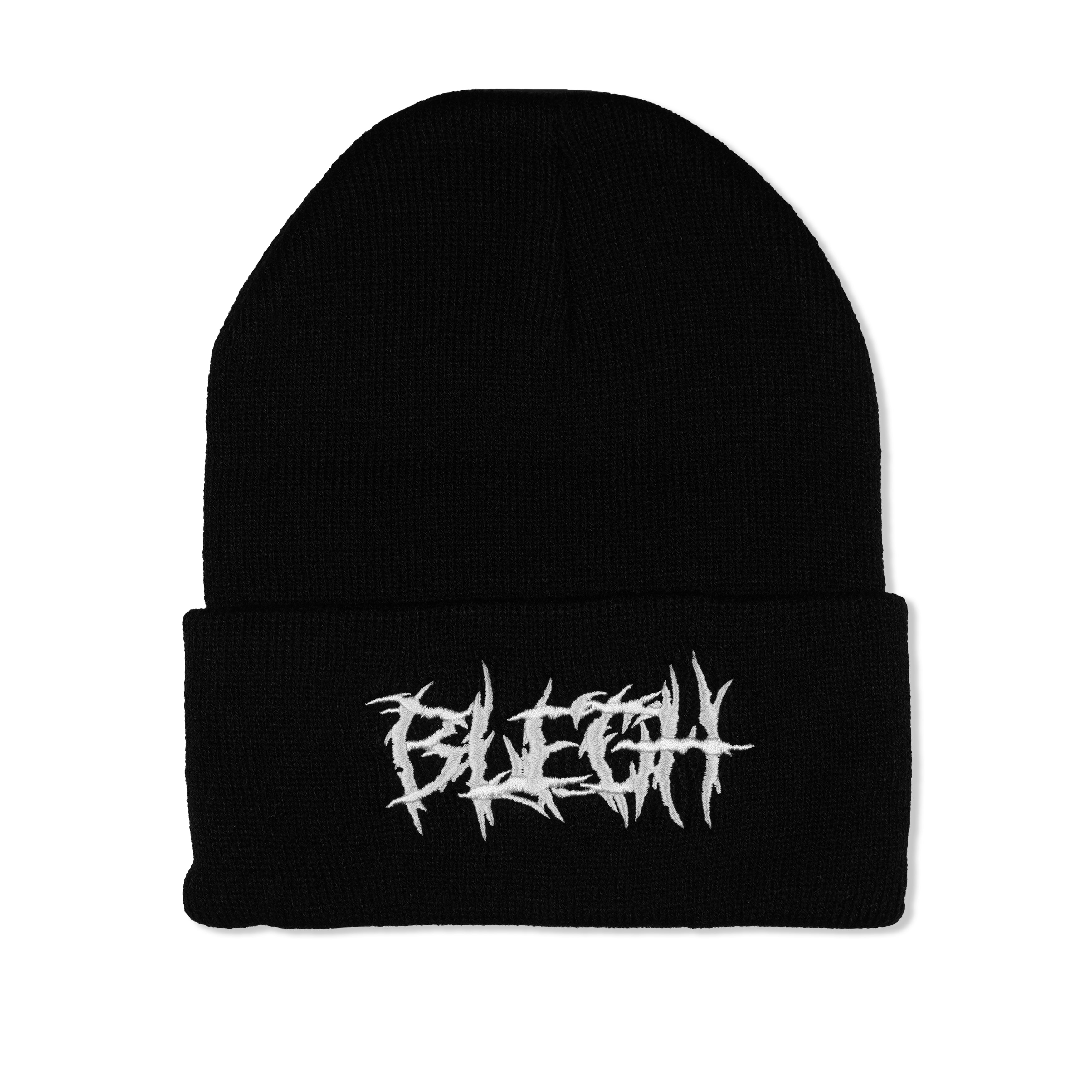 BLEGH 'Breakdown Season' unisex black beanie with bold white logo, ultra-soft fabric for warmth and durability, one-size.