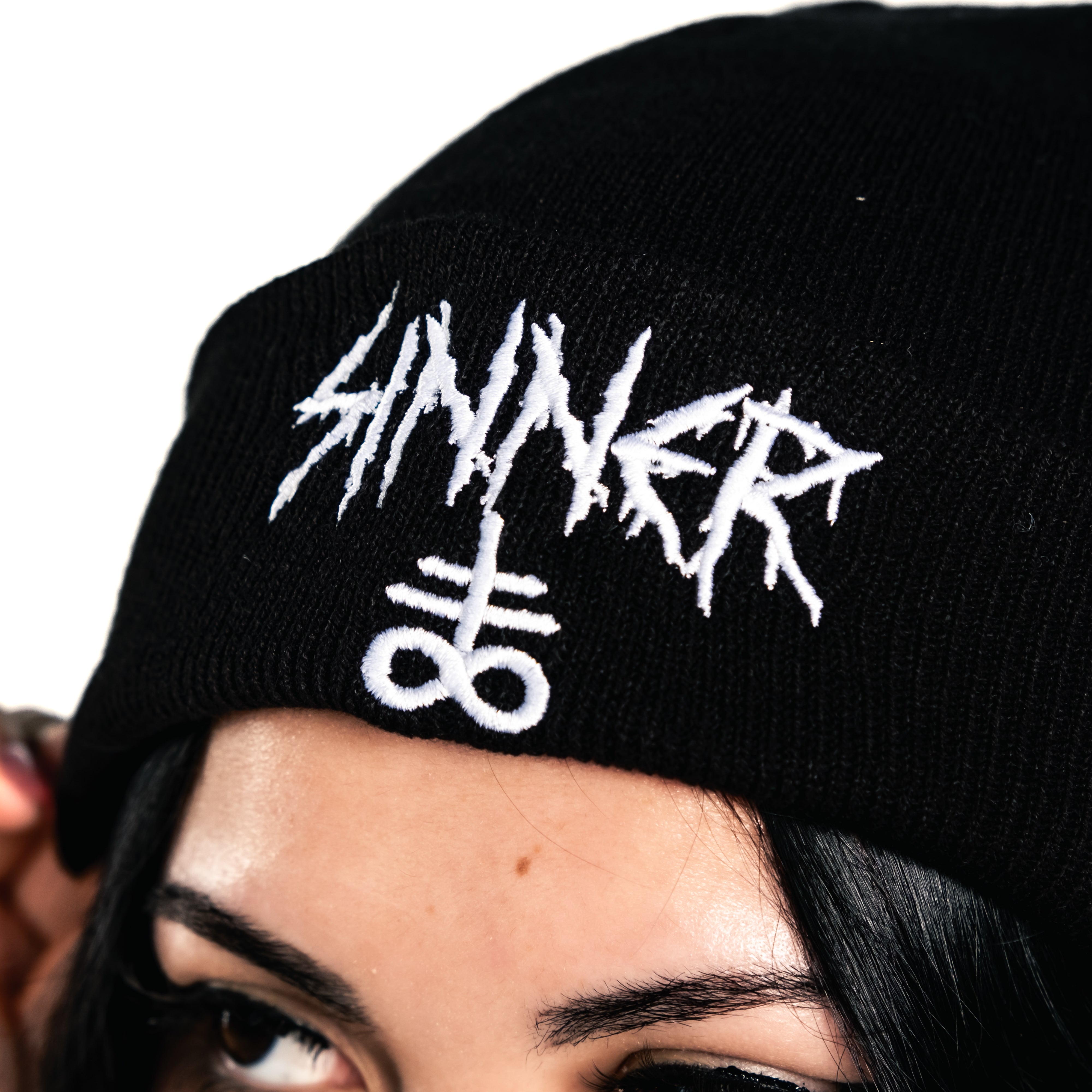 Shop Sinner - Beanie from forbidden alchemy's unisex beanie collection. Soft knit, 100% acrylic, bold embroidery, authentic alternative style. Tagged: Beanies.Beaniesforbidden alchemyBeanies