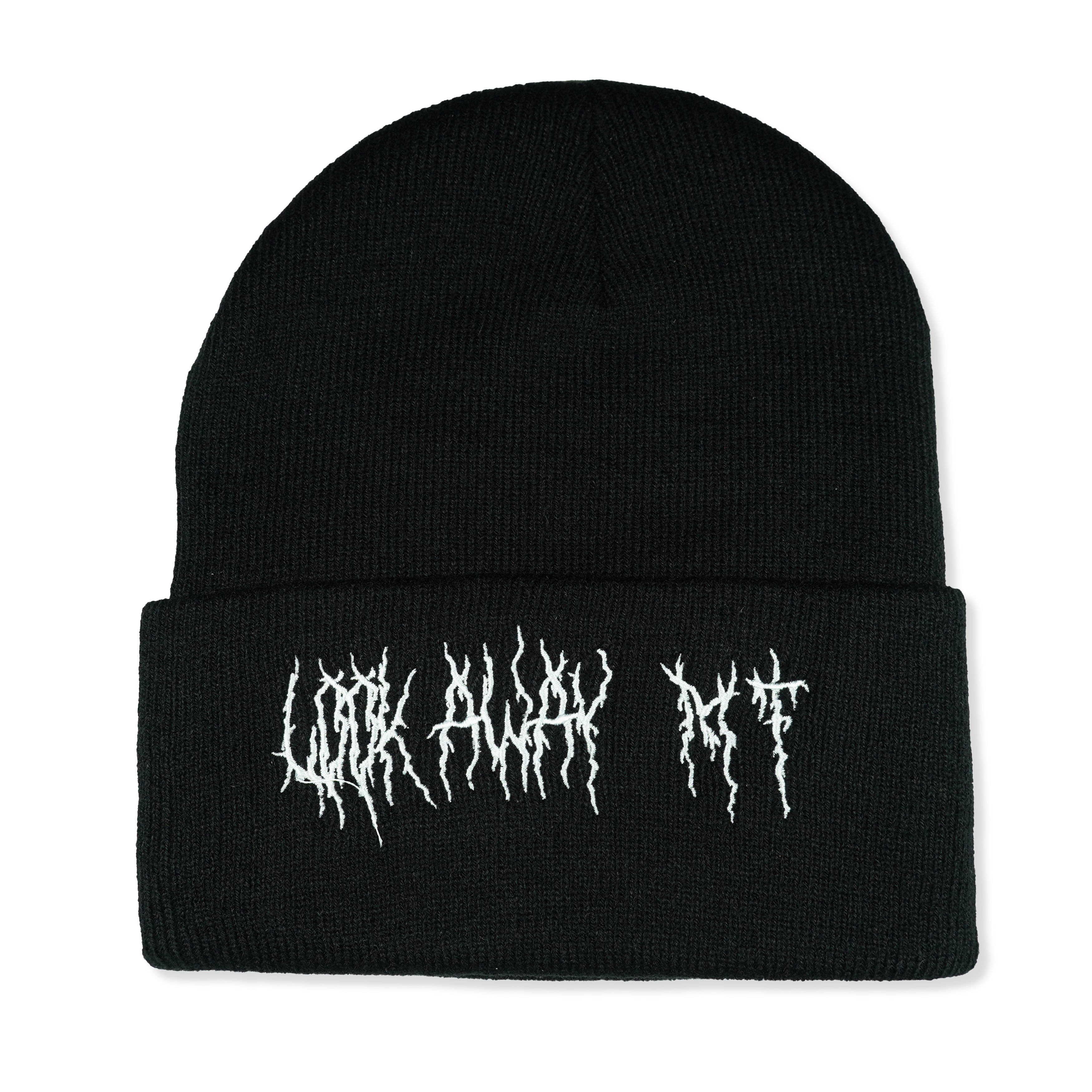 Look Away MF Beanie with bold embroidery on premium knit fabric