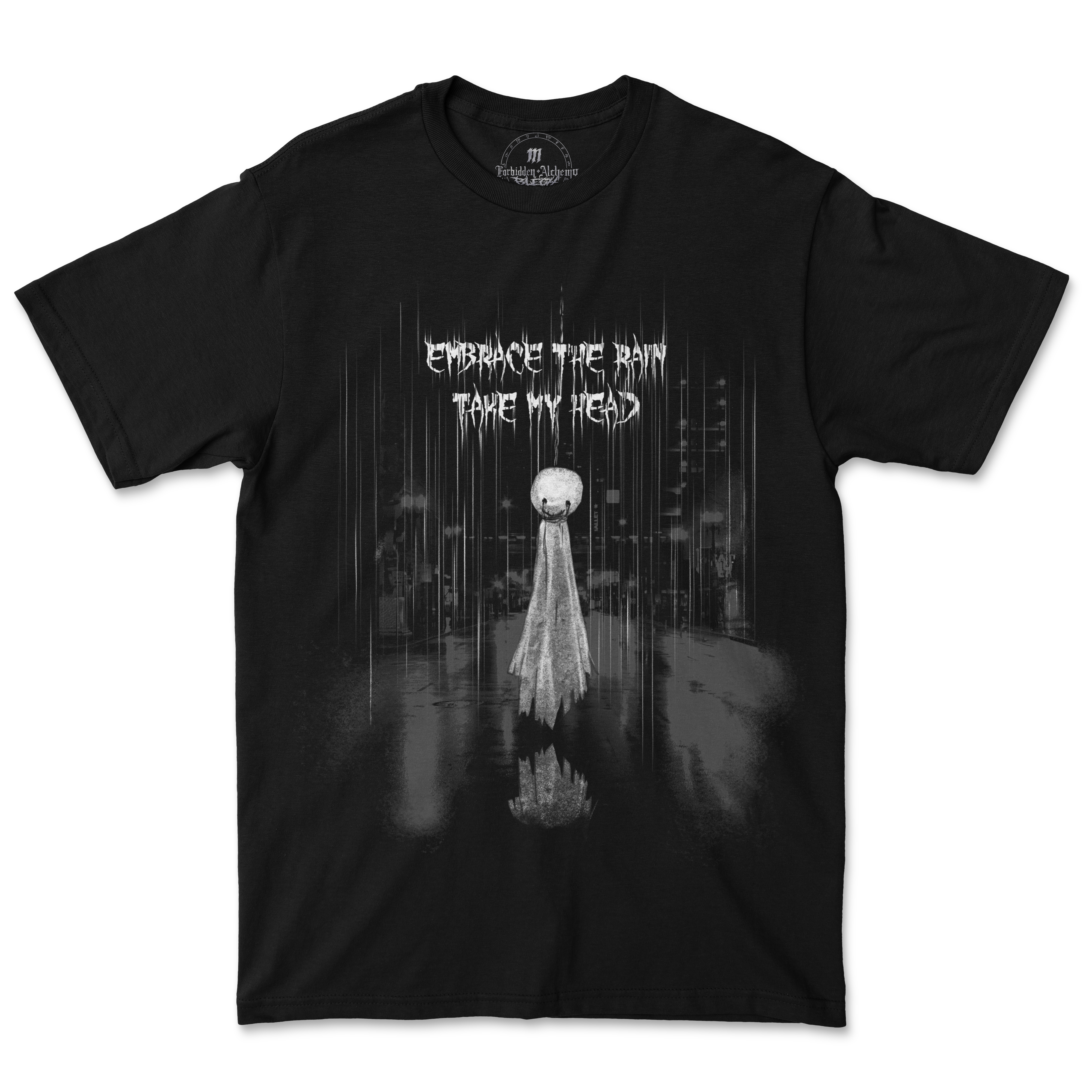 Buy Embrace the rain from forbidden alchemy's men's T-Shirts. Premium 100% cotton, direct-to-garment prints, authentic metalcore apparel. Tagged: MEN'S TEES.T-Shirtsforbidden alchemyMEN'S TEES