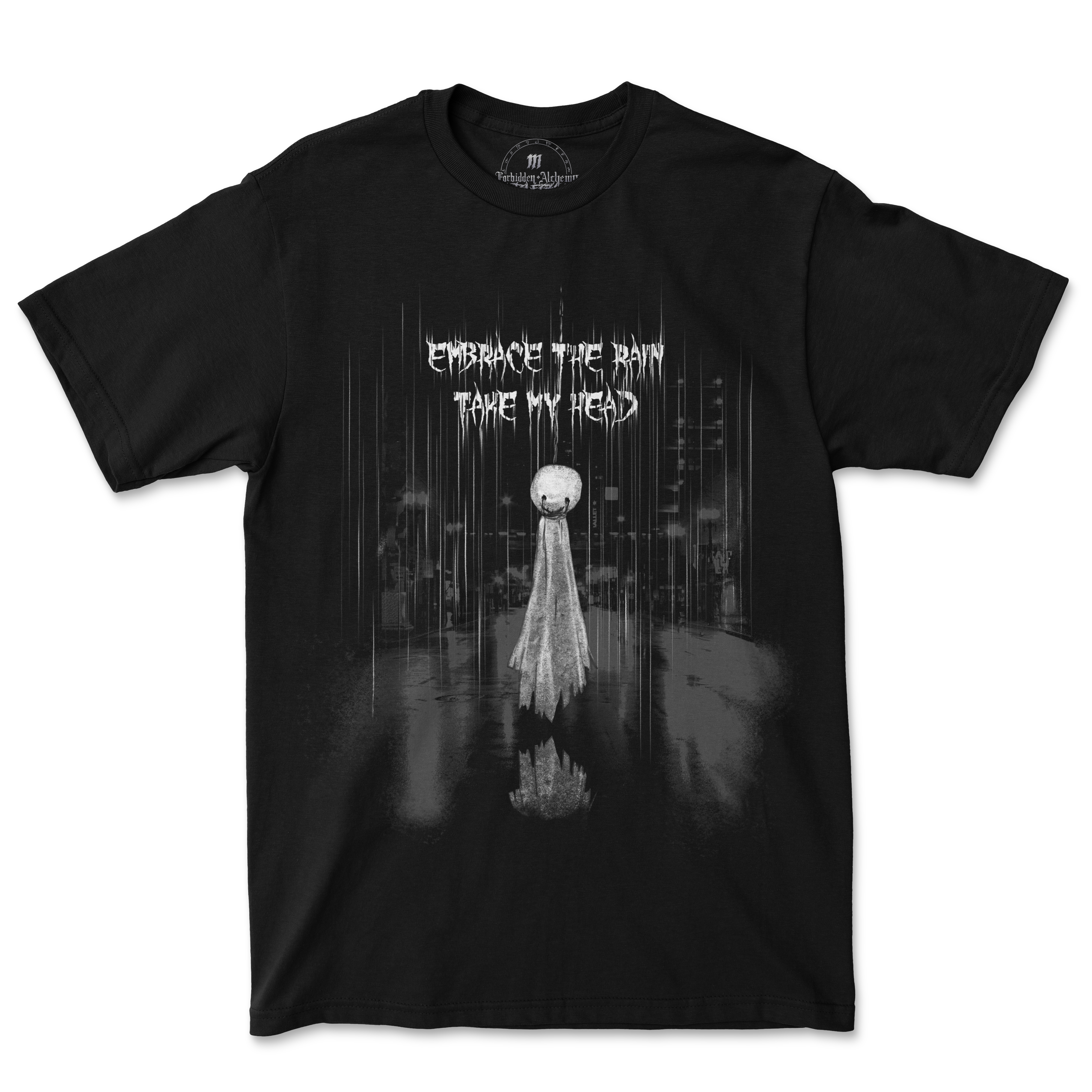 Embrace the Rain t-shirt featuring dark detailed graphic, premium cotton, and durable D.T.G print for men - Forbidden Alchemy