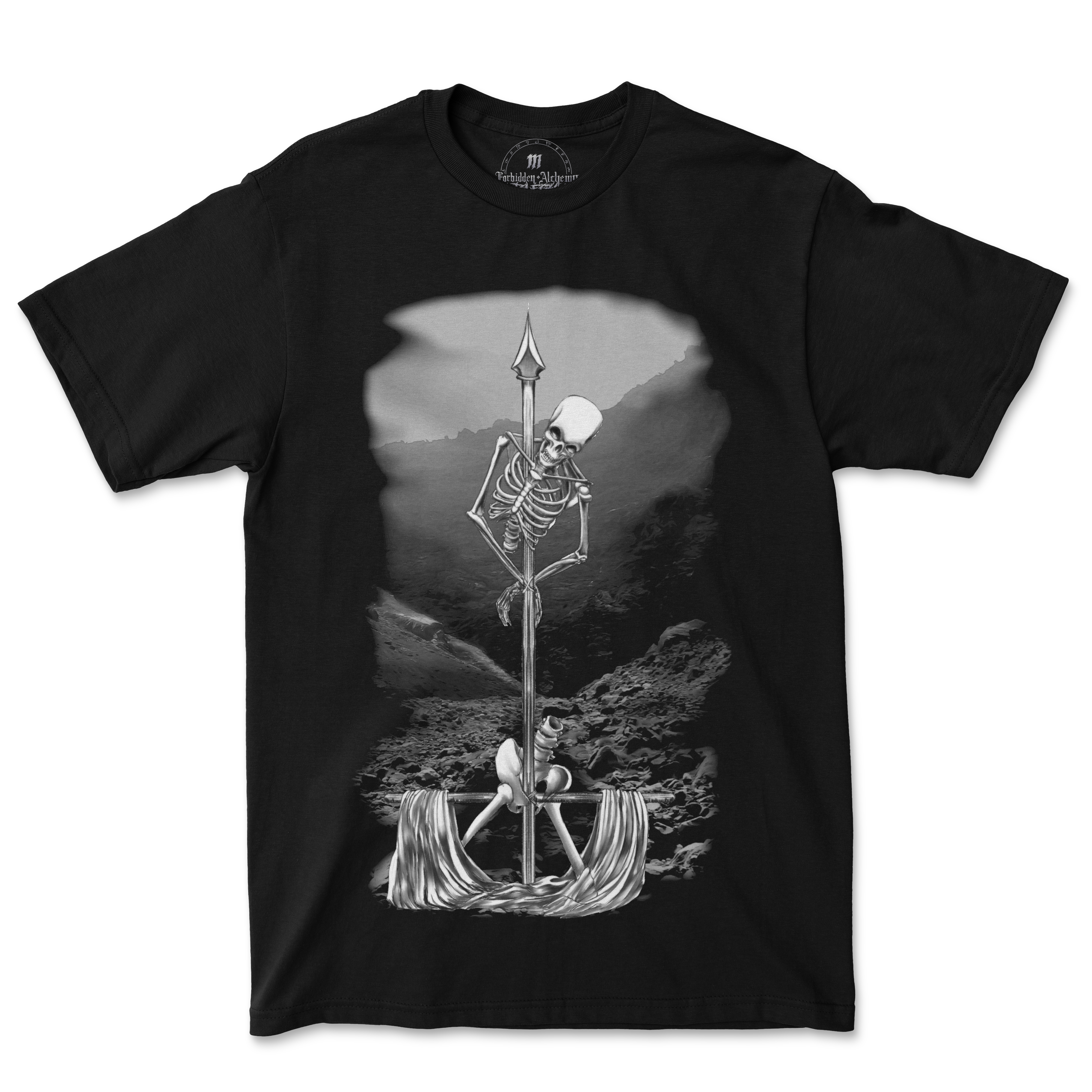 Impale death T-shirt featuring a skeleton design on black fabric, 100% cotton for durability and comfort, vivid D.T.G printed graphic.